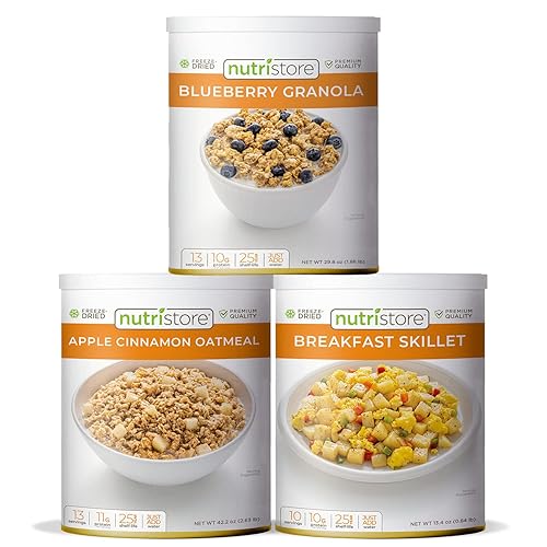 Nutristore Paquete de 3 variedades de desayuno liofilizado  Granola de arándanos, sartén de desayuno, avena con manzana y canela  Alimentos a granel
