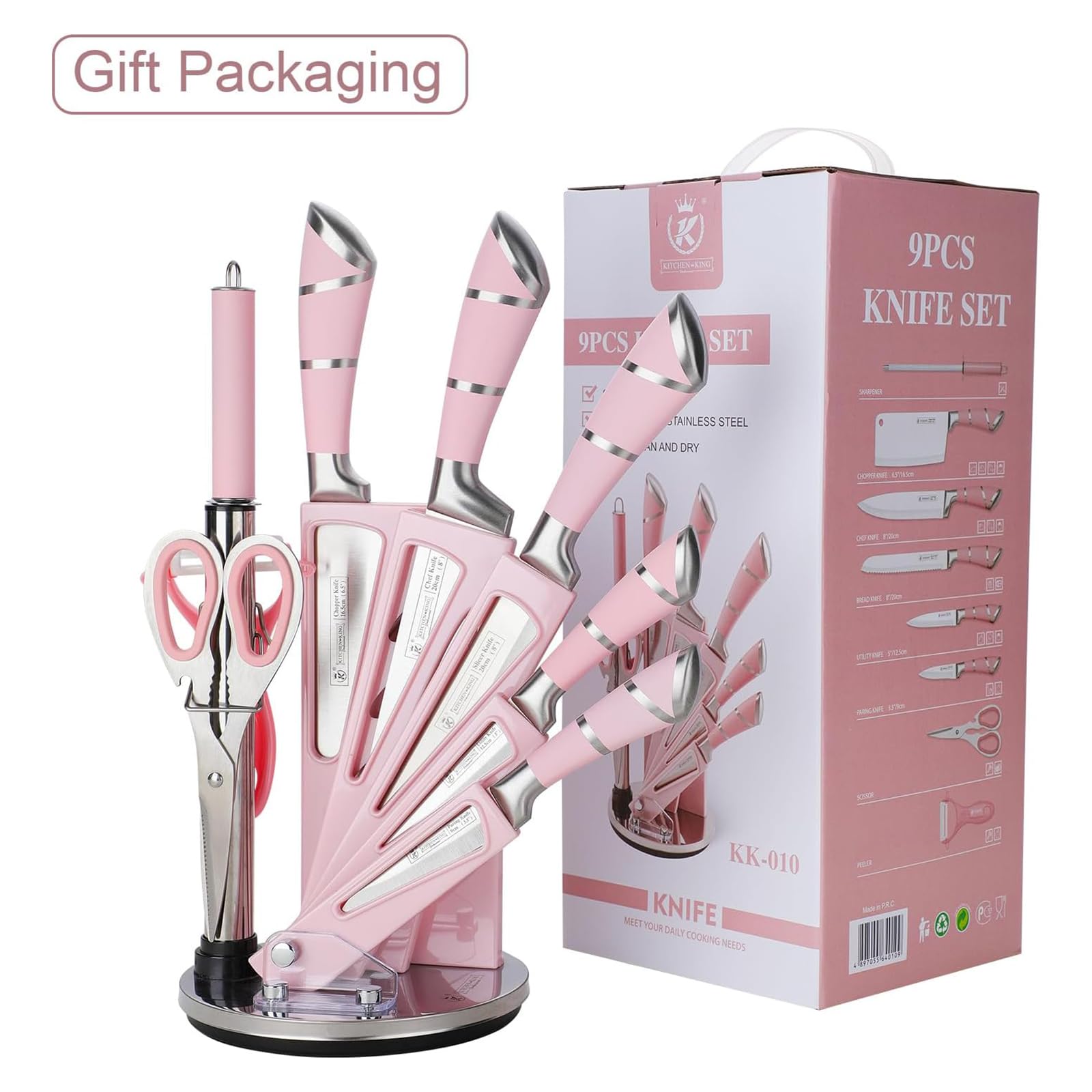 BVI BOOMERVIVI Couteaux de Cuisine, Set de 9 Couteaux de Chef Pointus Professionnels Rose, Ensemble de Porte - Couteaux à Poignée Creuse Rayée, Idéal pour Envoyer Famille et Amis (Rose)