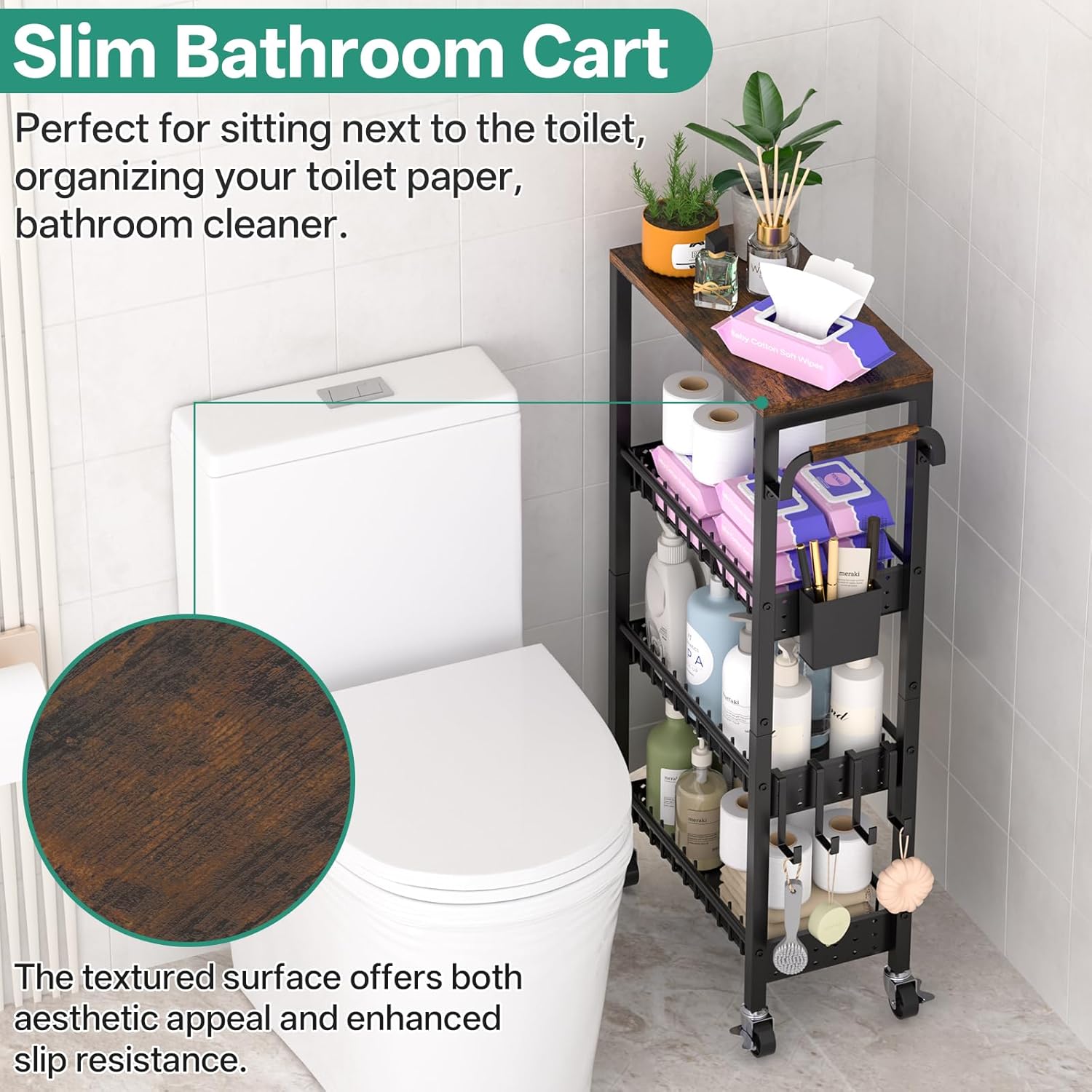 DTUQYX Laundry Room Organization Cart, 4 Tier Slim Rolling Cart for Small Narrow Spaces, Storage Shelf Cabinet with Wheels for Bathroom, Utility Room, Kitchen, Near Washer and Dryer (9.1" W Overall)