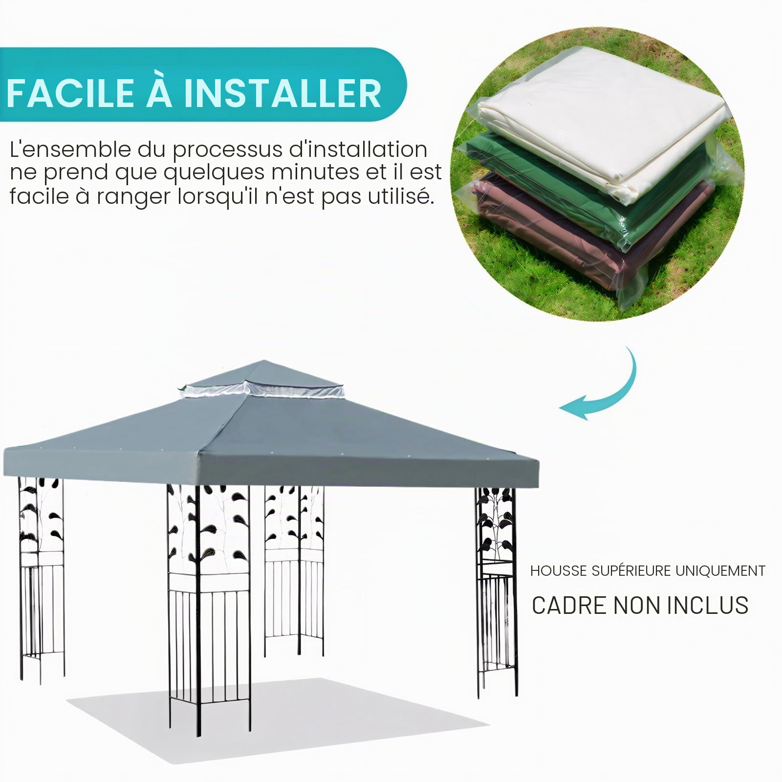 OKYUK Toit de rechange respirant UV, stable et imperméable, avec drainage, idéal pour tonnelle de jardin 3 x 3 m (gris)