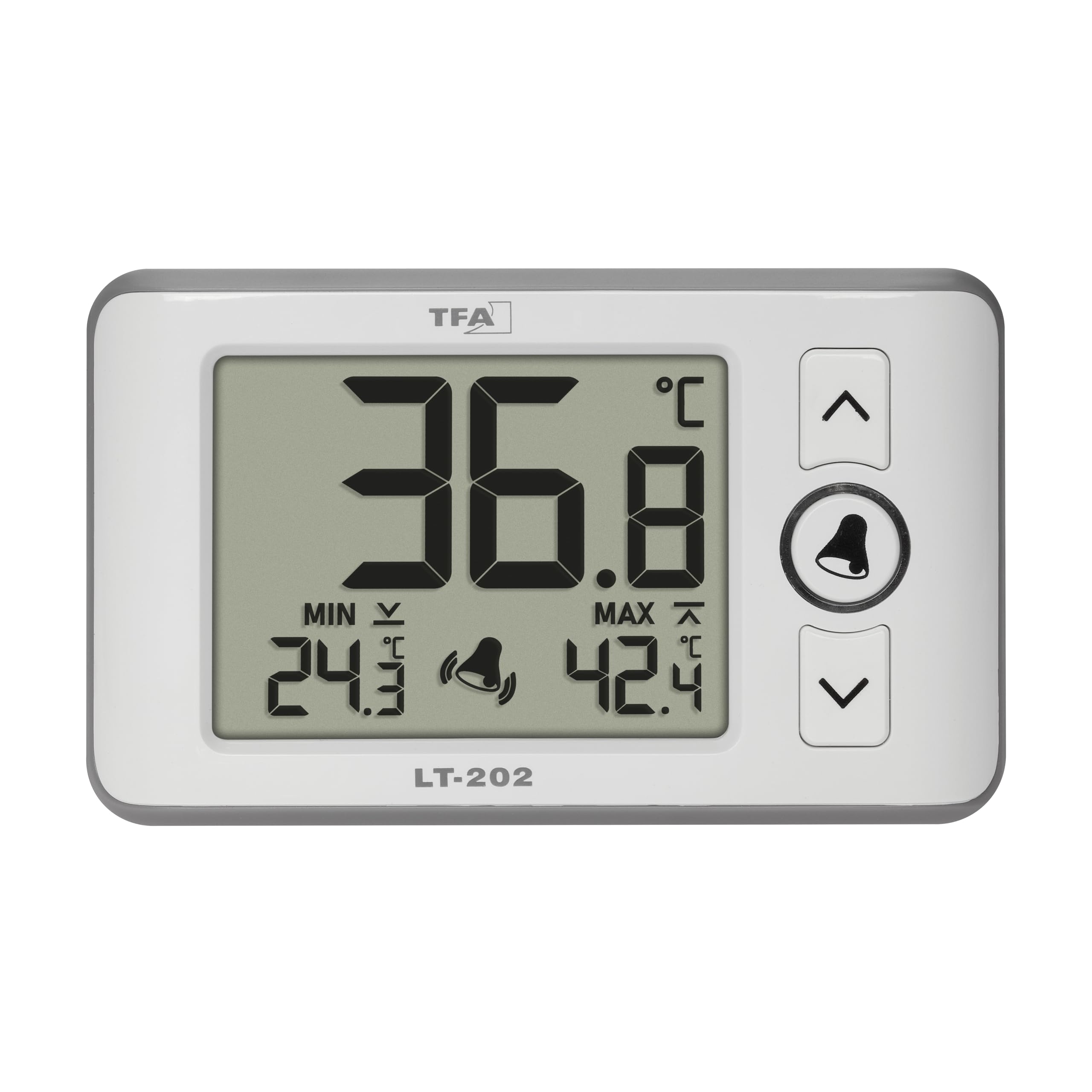 TFA Dostmann Digitales Profi-Thermometer mit wasserdichten Kabelfühler LT202, 30.1052, permanente Anzeige der Max.-Min.-Werte, Temperaturalarm, für Aquarien/Kühlschränke geeignet, weiß