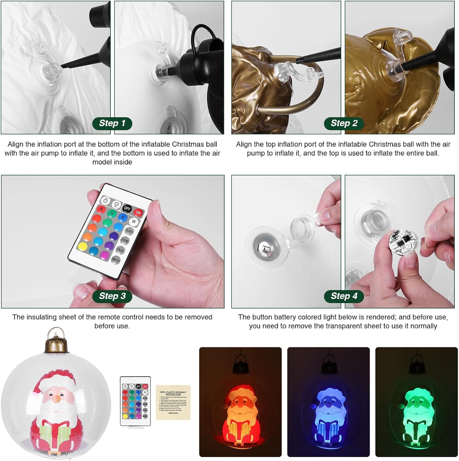 Starnearby Boule de Noel Géante Gonflable 60cm, Grosse Boule de Noël Lumineuse, Boule de Noël Gonflable en PVC étanche avec Télécommande, Décoration de Fête (3PCS)