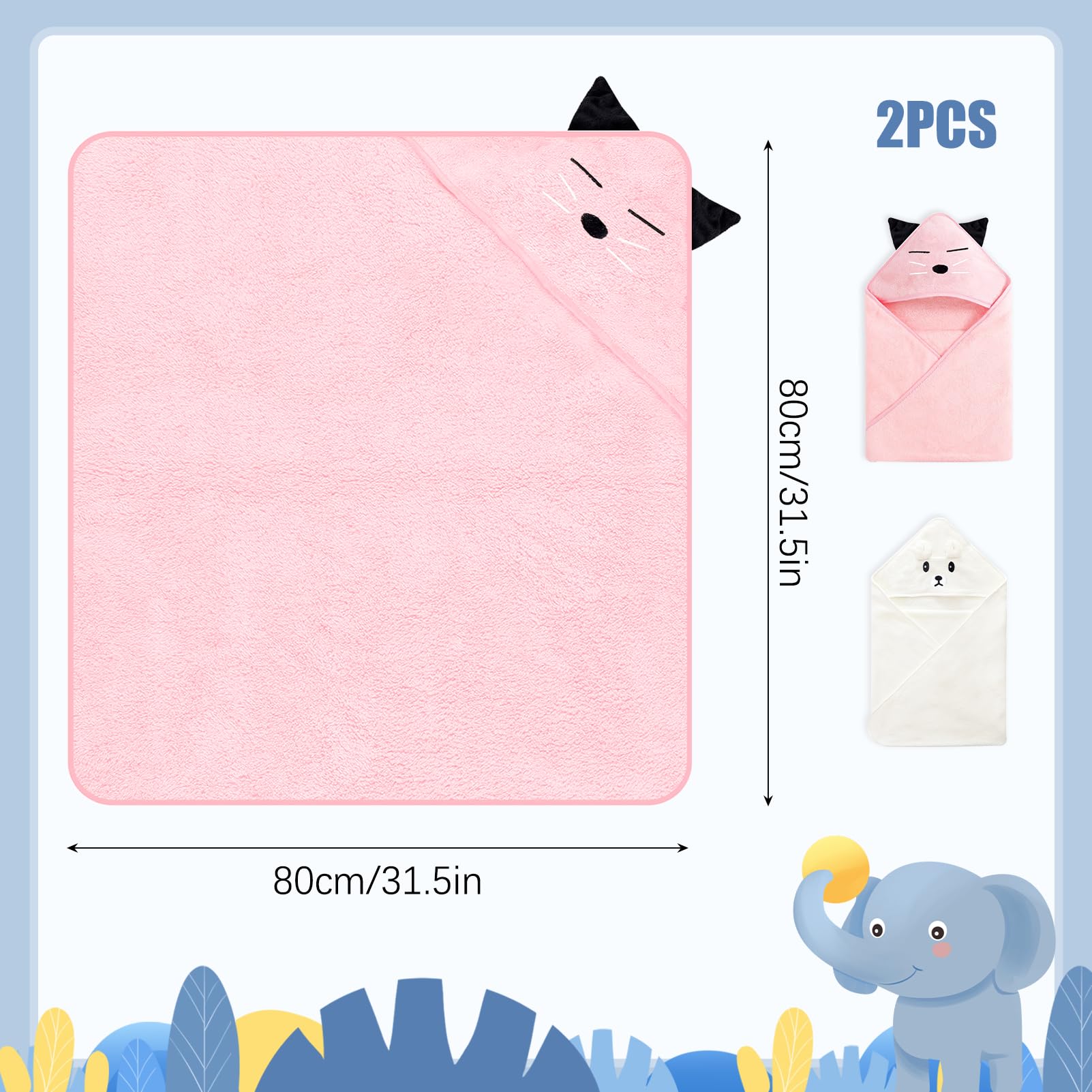 Toallas con Capucha para bebés, con Capucha y manopla, 80 x 80 cm, Toalla de Felpa Coral para recién Nacidos, Suave, superabsorbente, Bonita Forma de Animal (2, Gato Rosa y Oso Blanco)