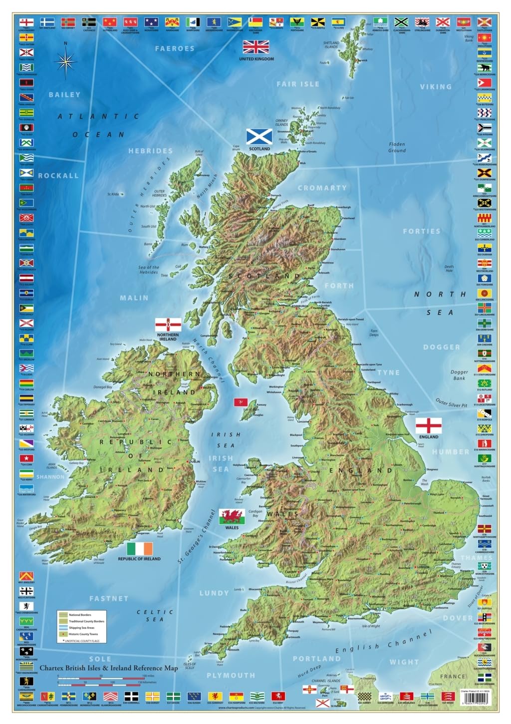Chartex UK and Ireland County Map Poster | United Kingdom and Ireland County Flag Map Poster | Britain and Ireland Map Sea Topography and Shipping Areas Map (A1 Laminated)