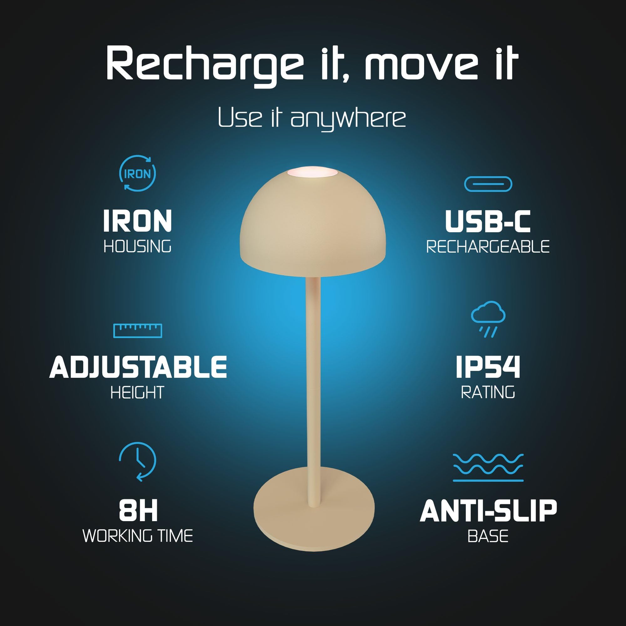 Ledvion - Lampe de Table LED Rechargeable, Beige, Variable 2700K-5000K, 110 Lm, IP54 Résistante aux Éclaboussures, Batterie 2000mAh, Commande Tactile, Réglable, USB-C, Intérieure & Extérieure, Vita