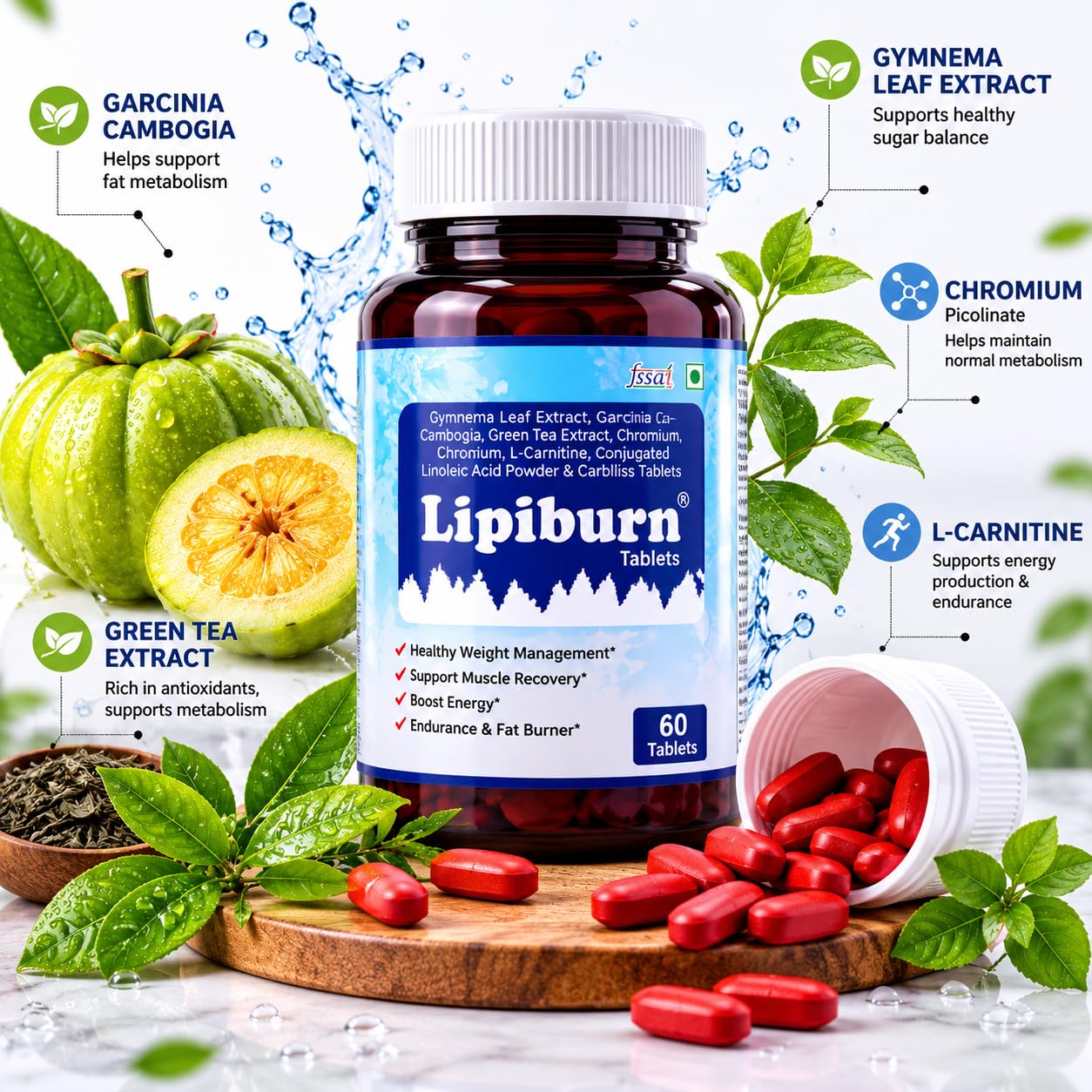 chromium picolinate garcinia cambogia l carnitine Health Dose Fat Burner AM Day-Time Weight Loss Supplement, 120 Veg Capsules REOBABA Lipiburn Tablets for Weight