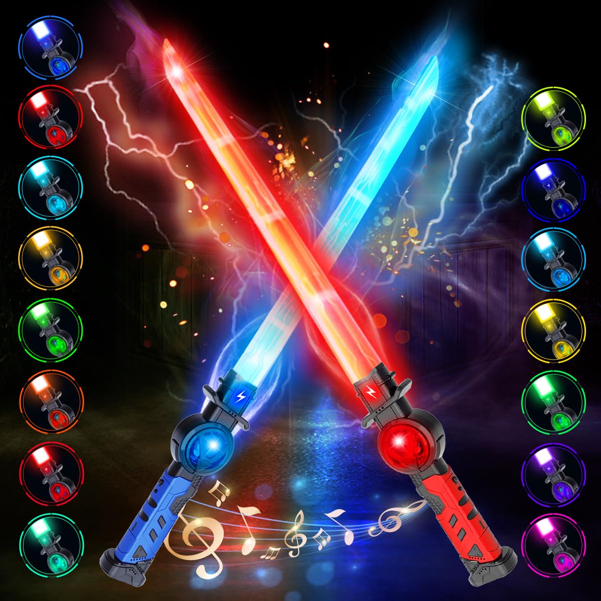 VATOS 2-in-1 Retractable LED Lichtschwerter für Kinder, 2er Set mit 15 RGB Farben & Echten Kampf-Soundeffekten, Wiederaufladbares Laserschwert Spielzeug für Cosplay,Themenparty und Action-Spiele