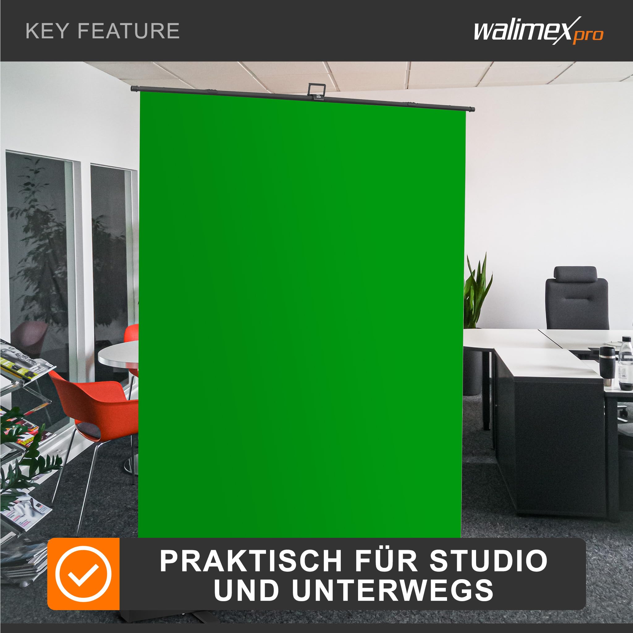 Walimex pro Roll-up Panel Hintergrund grün 165 x 220 cm, Greenscreen Fotohintergrund mit Transportbox, Hintergrundsystem für Fotostudio, knitterfreie Fotoleinwand ideal für Chromakeying