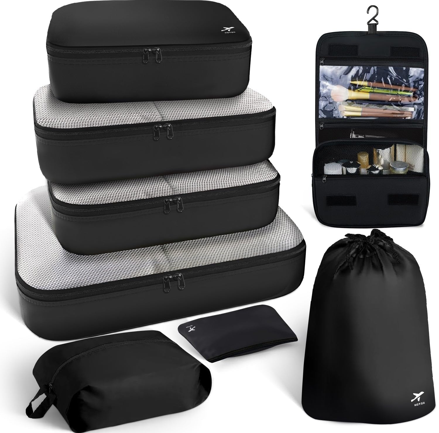 HOTORHOTOR Packing Cubes for Suitcases - 8 Pieces, Light Packing Cubes for Travel, Premium Suitcase Organizer Bags Set, Space-Saving Luggage Organizers, Travel Accessories and Essentials, Black