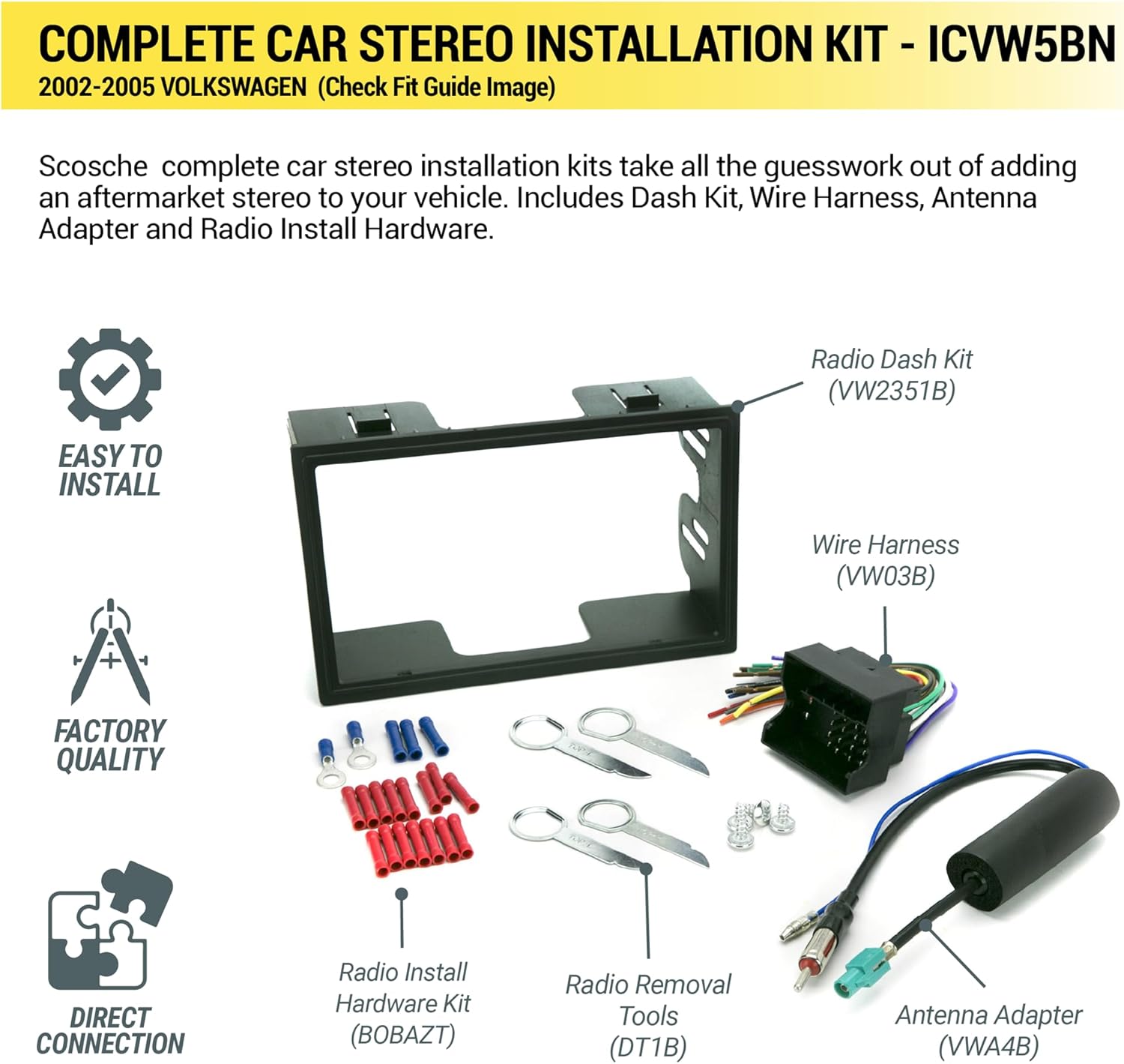 Scosche ICVW5BN Double DIN Radio Install Dash Kit and Harness Compatible with Select 2002-2005 Non-Amplified Volkswagen Vehicles - Complete Basic Car Stereo Installation Kit - Does Not Retain SWC