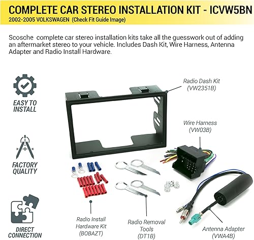 Miniatura 2 de Scosche ICVW5BN Kit de instalación de radio doble DIN y arnés compatible con vehículos Volkswagen no amplificados seleccionados 2002-2005 - Kit