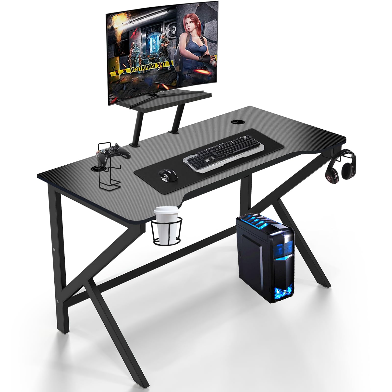Scrivania Gamer Ergonomico, Vassoio in Fibra di Carbonio Impermeabile Antigraffio Struttura a Forma di K, Accessori Inclusi per Ufficio e Gioco, Tavolo Multifunzione per Adulto, 100x55x74