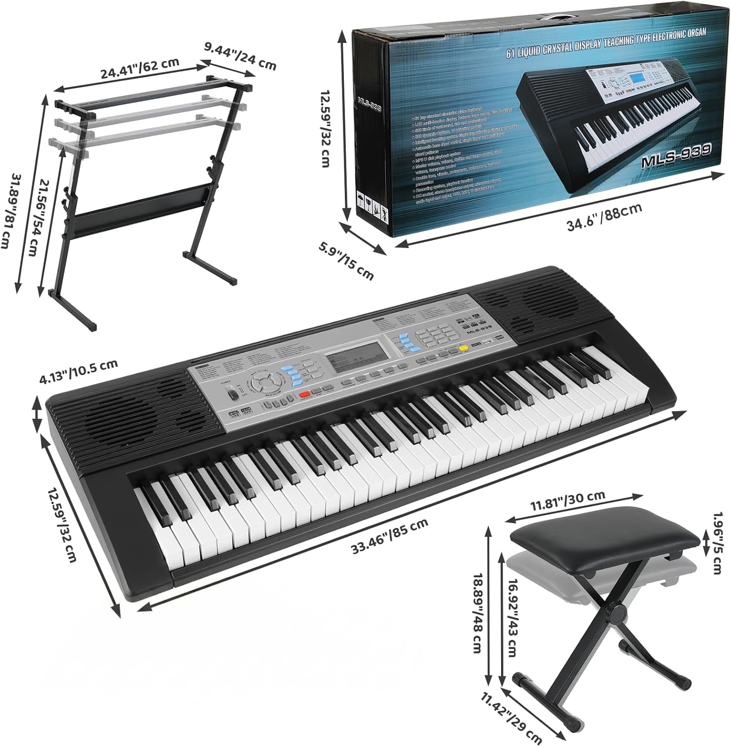LIFERUN Keyboard Piano 61 Tasten, Digital Klavier-Keyboard Set, mit Ständer, Hocker, 500 Sounds & 3-stufiger Lehrmodus,Doppellautsprechern,LCD-Bildschirm, Electronic Keyboards kinder