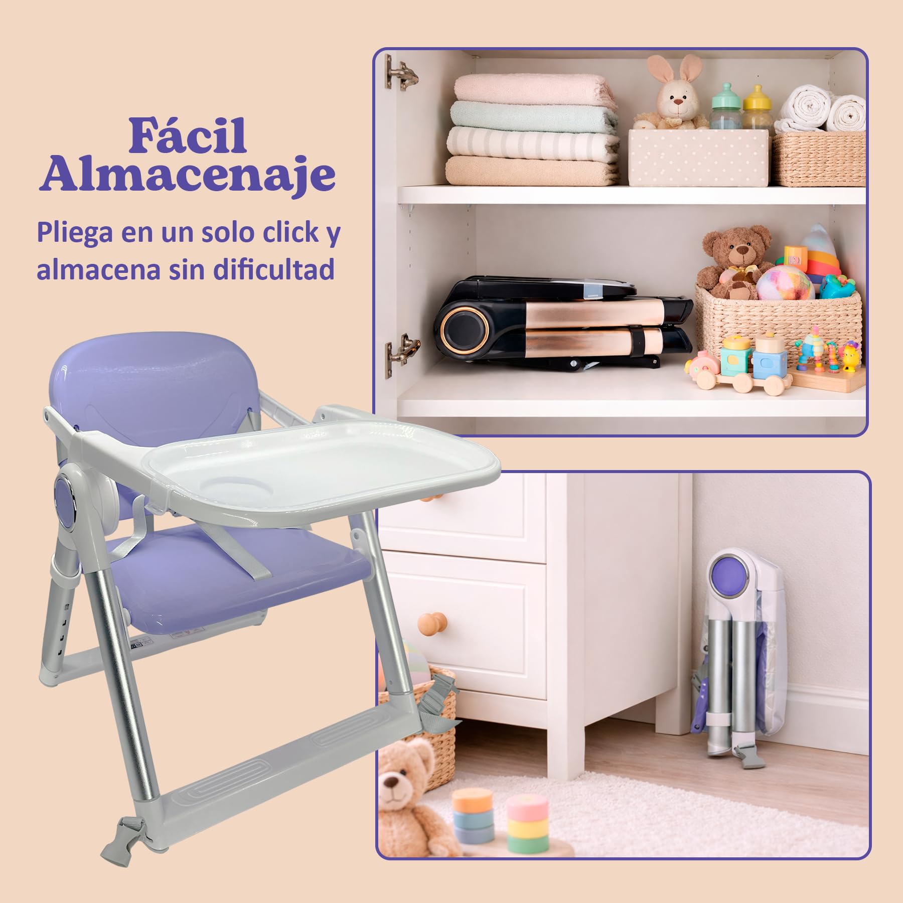 Chaise Haute Bébé Portable Pliable Premium 2 en 1, Rehausseur de Chaise avec Sangles de Fixation, 4 Hauteurs Réglables, Tablette Amovible, Sac de Transport, 6–36 Mois jusqu’à 15 kg (Lilas + Argent)