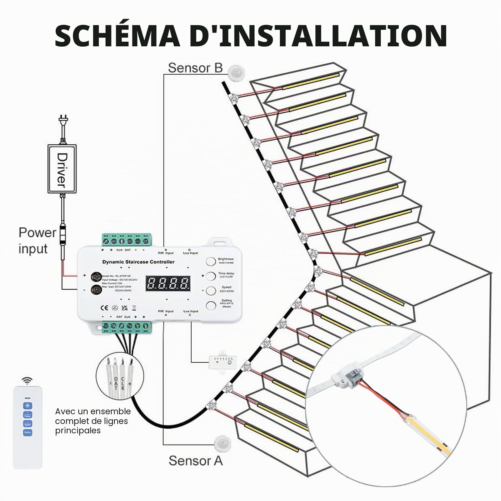 Éclairage LED pour marche d'escalier avec détecteur de mouvement et capteur de lumière du jour, barre lumineuse LED pour marche d'escalier 16 étapes (16 étapes RL-STEP-09-2700K)