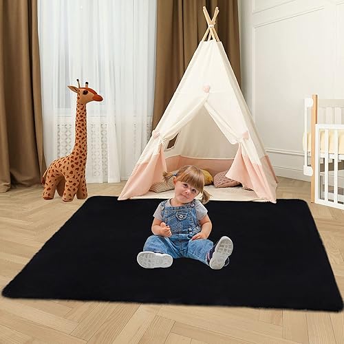Miniatura 2 de Alfombra negra de piel sintética de conejo de 3 x 5 pies para dormitorio, sala de estar, cuarto de bebé, alfombra lavable