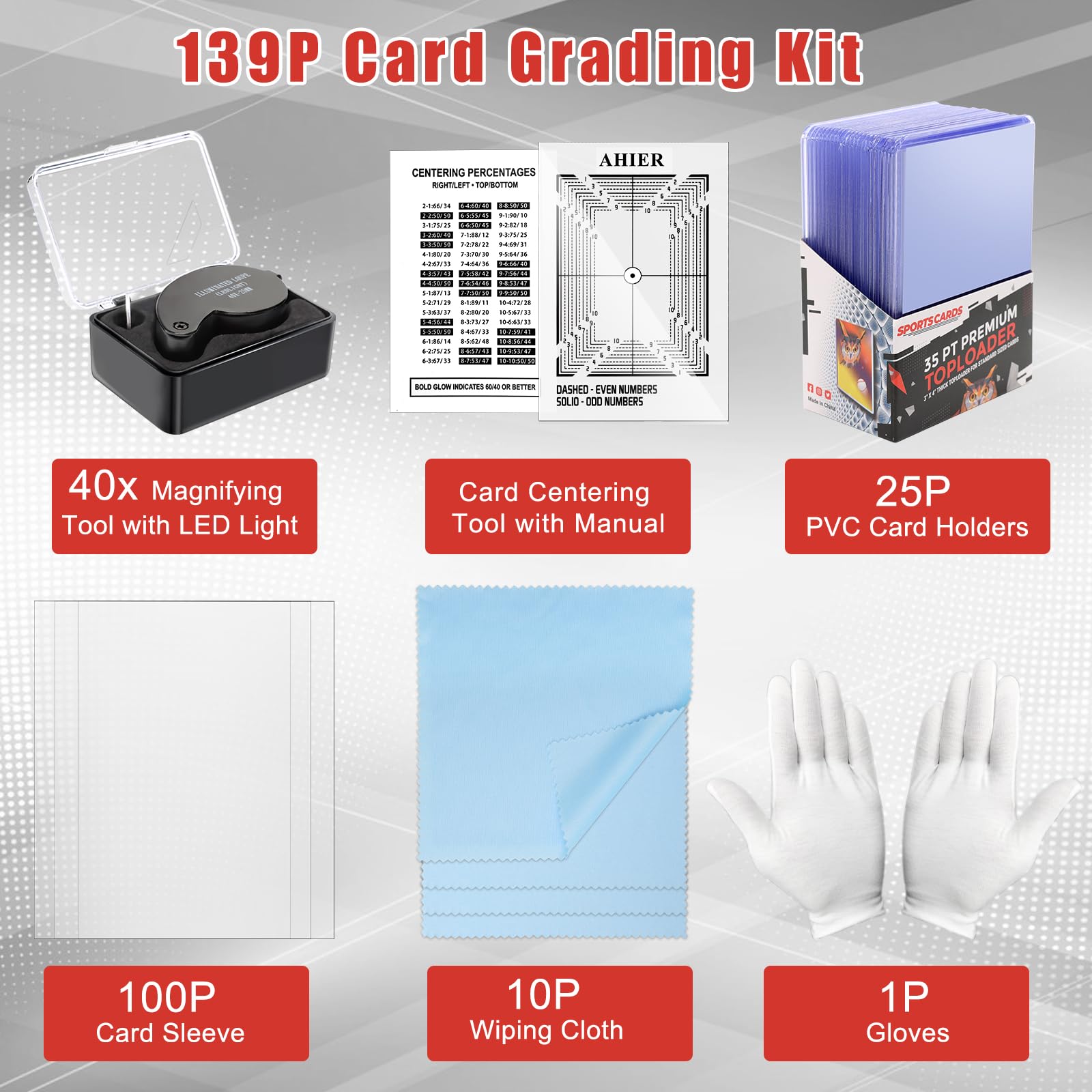 AHIER 139PCS Card Grading Kit - Professional Card Centering Tool With Magnifier, Holders, Sleeves & Cleaning Supplies