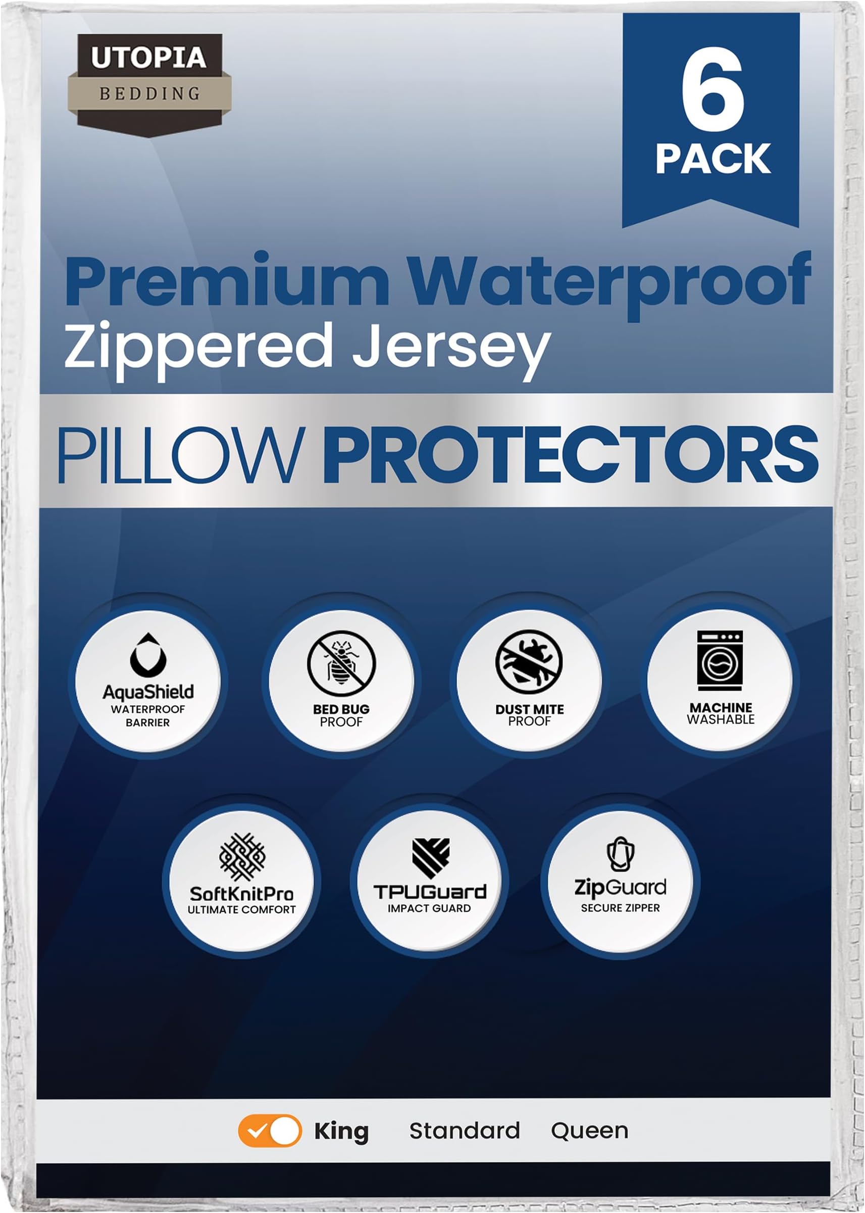 Utopia Bedding Waterproof Zippered Pillow Protectors King Size (20x38 Inches, White, 6-Pack), Premium Hotel Quality Pillowcase Covers, Machine Washable Pillow Encasements