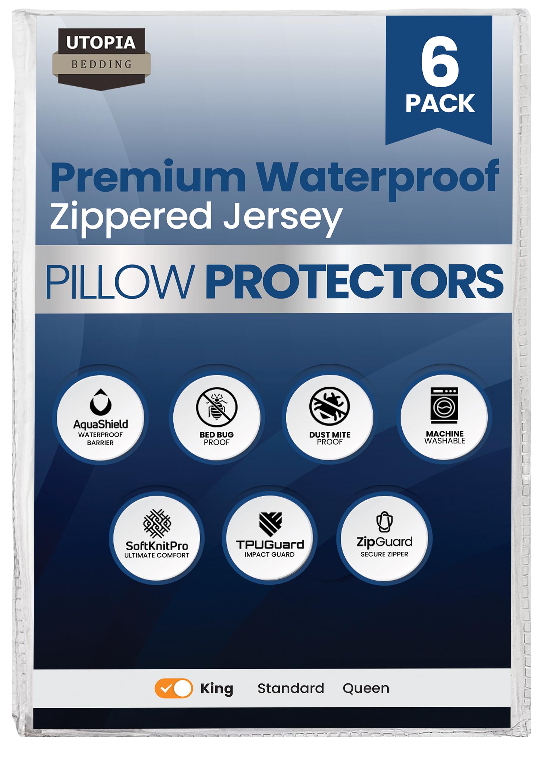 Utopia Bedding Waterproof Zippered Pillow Protectors King Size (20x38 Inches, White, 6-Pack), Premium Hotel Quality Pillowcase Covers, Machine Washable Pillow Encasements