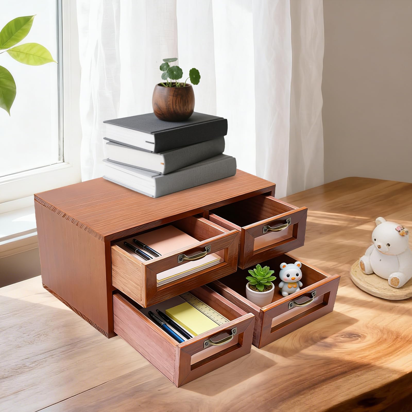 Drewniany organizer na biurko z 4 szufladami, retro, mini komoda