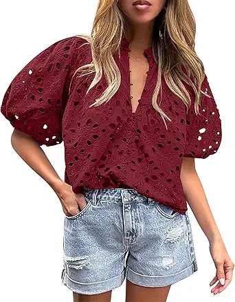 BETTE BOUTIK Women's Long Short Sleeve Tops 2025 Dressy Casual Button Hollow Out Lace Embroidered Blouses Shirts