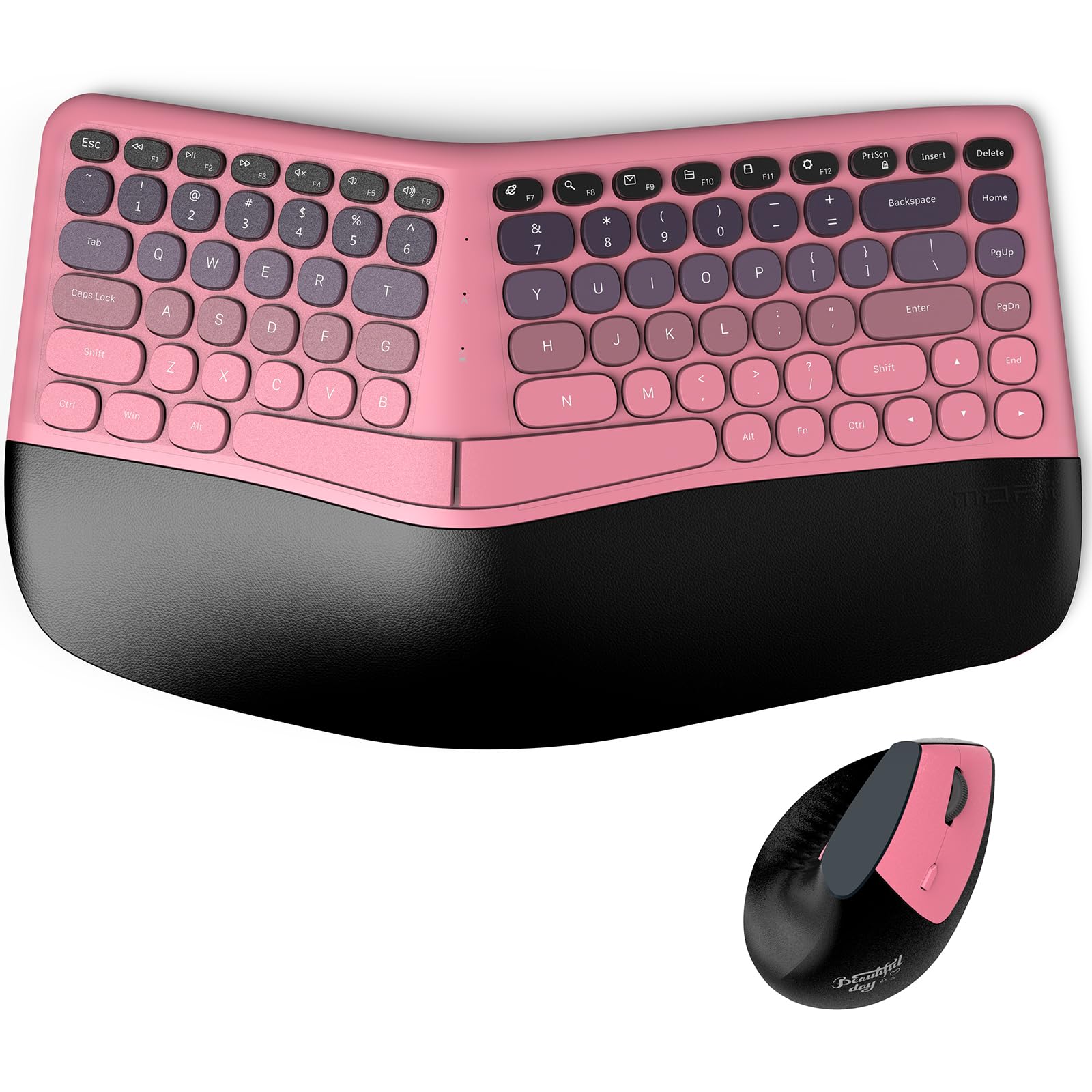 MOFII Tastiera ergonomica wireless e mouse combinata, tastiera curva divisa con poggiapolsi, mouse verticale, 2,4 G, per PC, laptop, desktop, Mac, rosa sfumato colorato