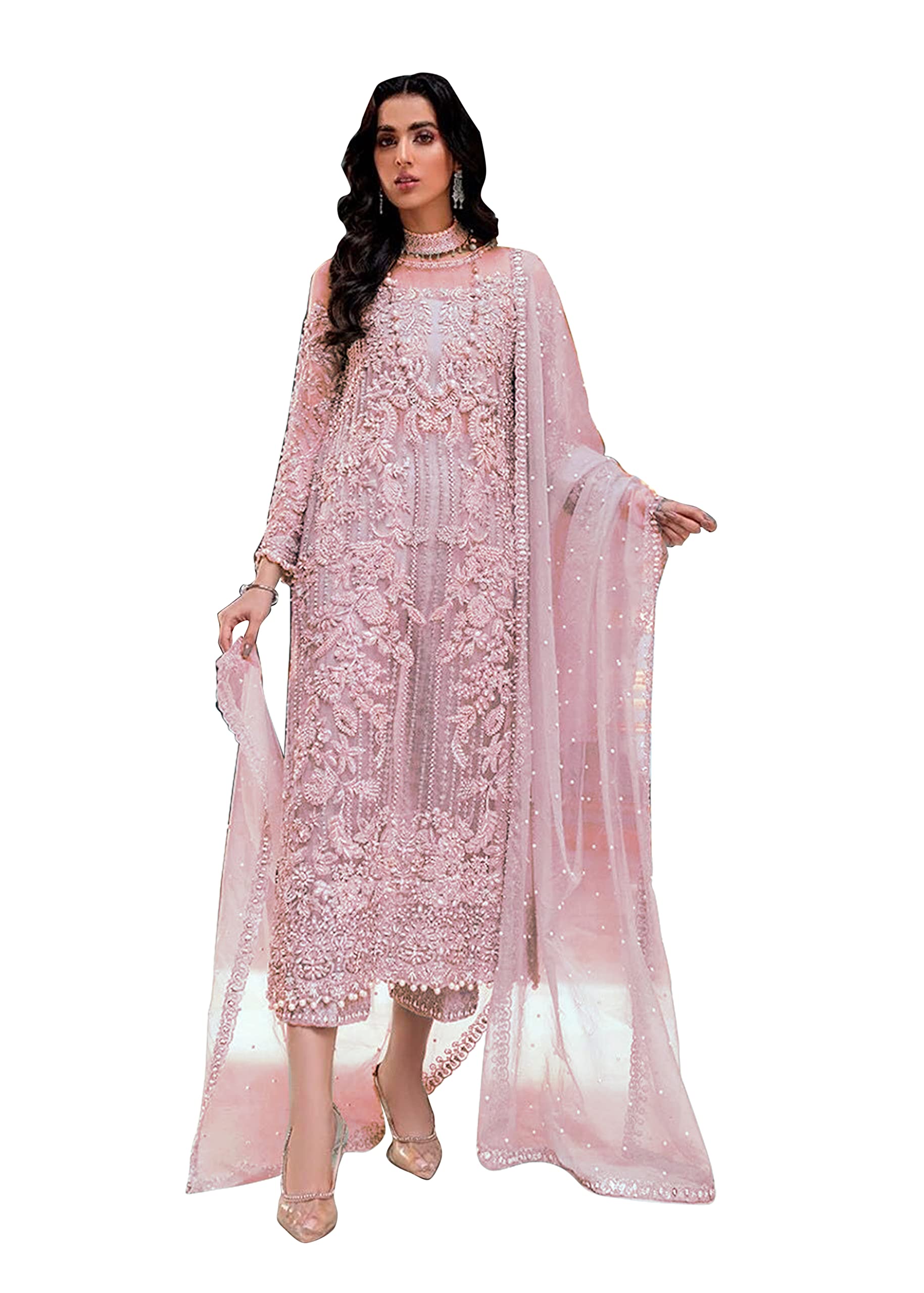 Women's net fabric with embroidery and hand work semi stitched multi color designer dress material-image-3