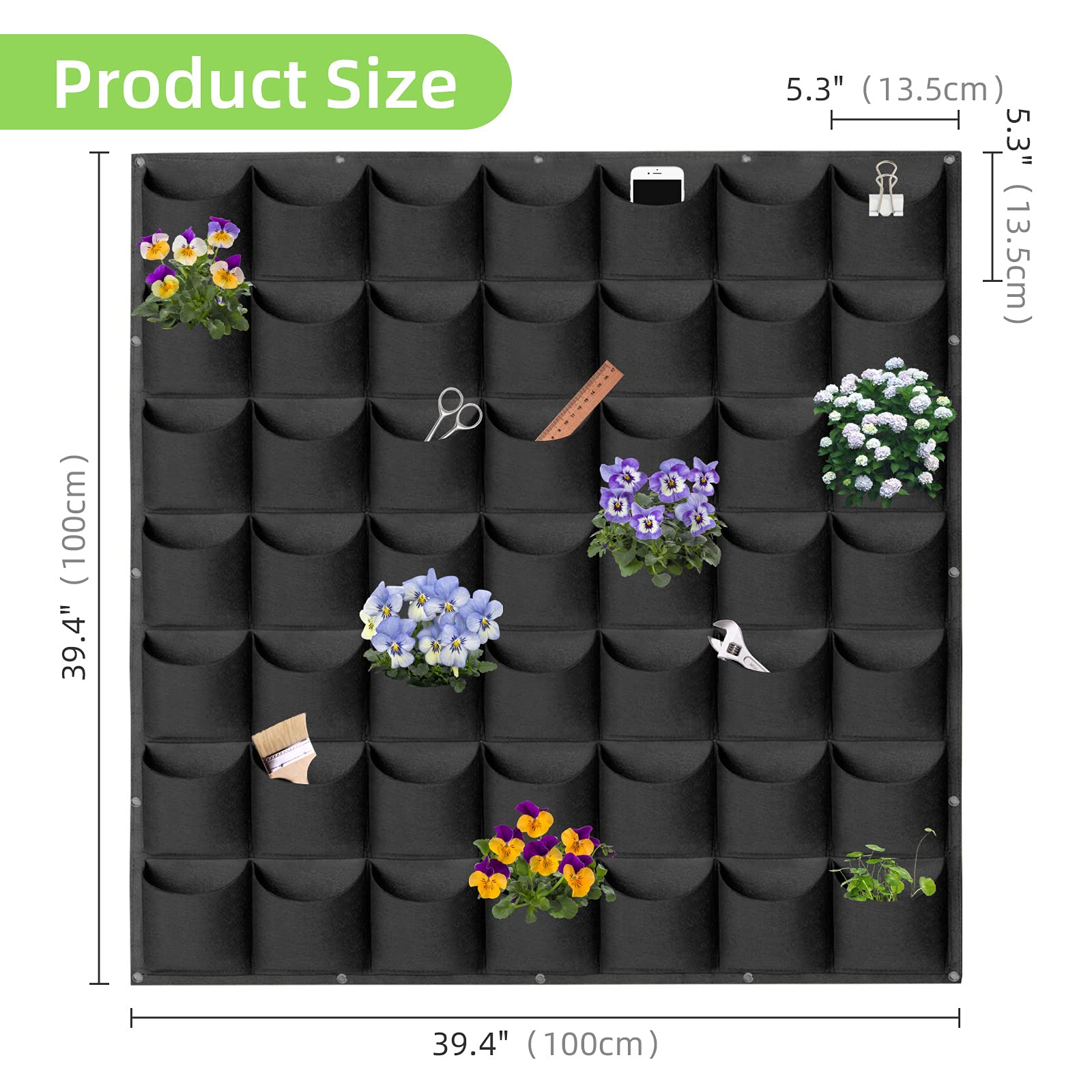 Sacs de plantation à suspendre, 49 poches verticales à fixation murale, sac de plantation, sac de culture vertical, sac de rangement pour plantes (1 m × 1 m, noir)