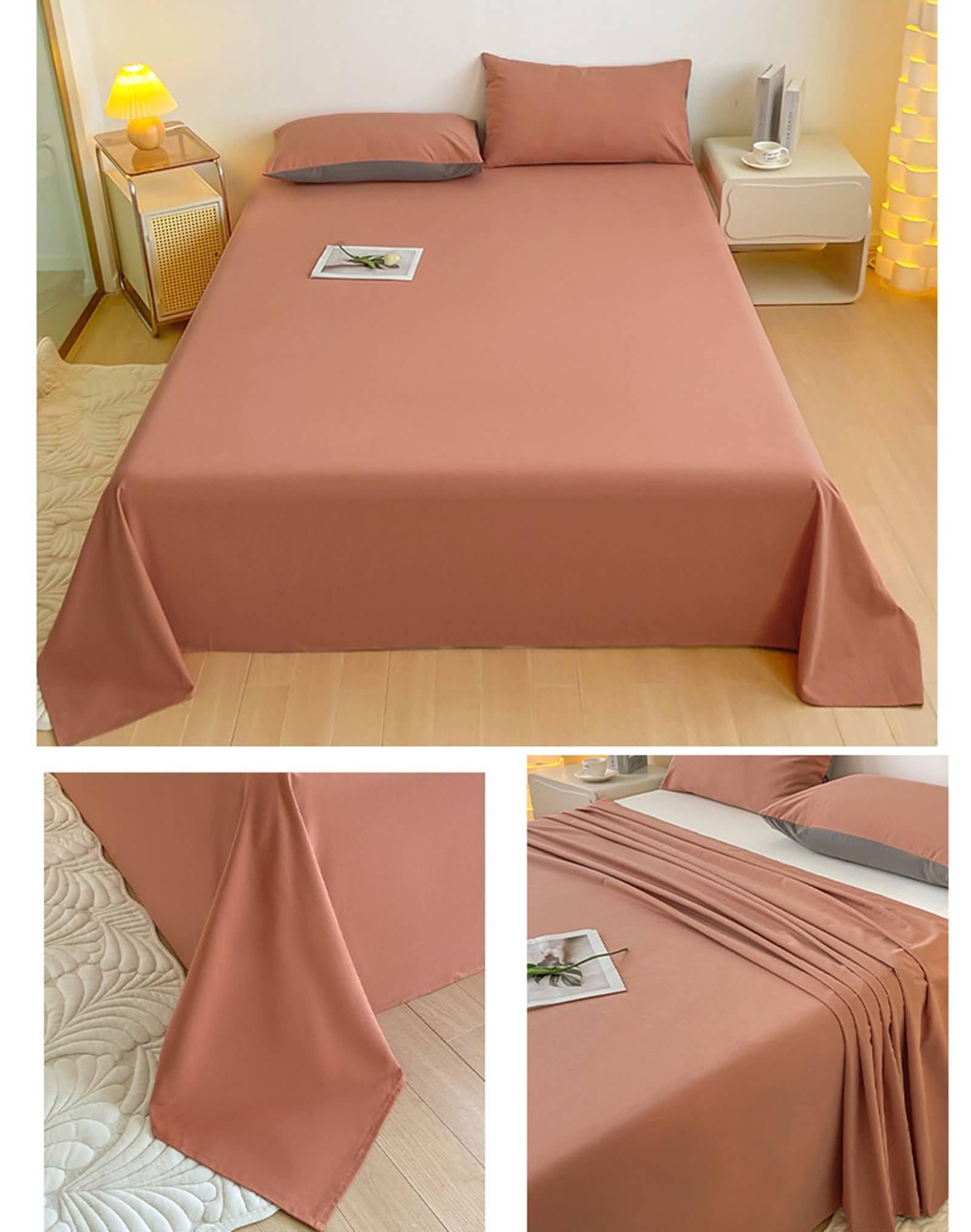 Juego de sábanas de algodón, sábanas y fundas de almohada, protector de colchón | Coral, King (160 x 230 cm)