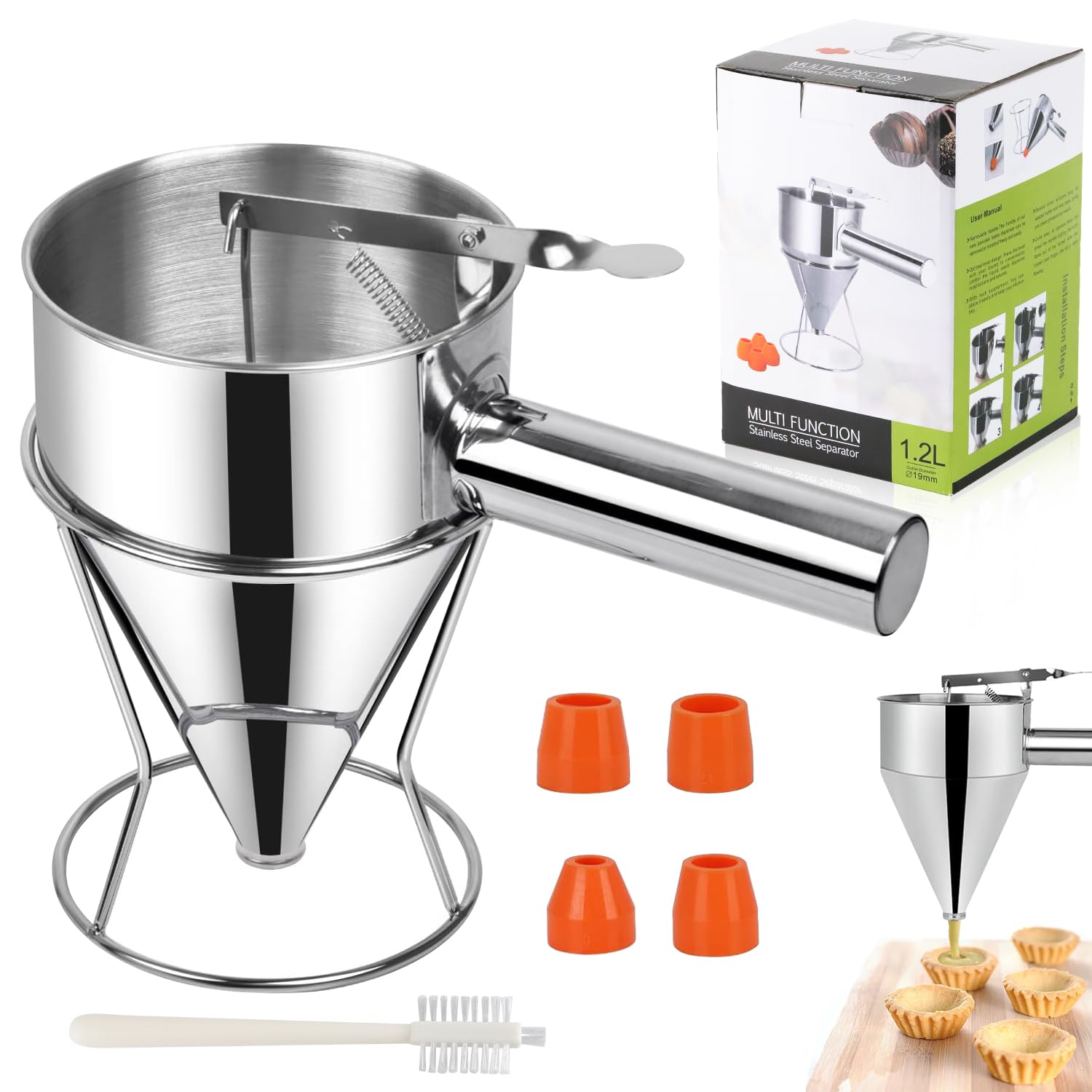 Dispenser per Pasta, Dispenser per Pasta per Pancake in Acciaio Inossidabile, Dispenser per Pasta, porzionatore per Pasta, Apertura di dosaggio in Acciaio Inossidabile da 1200 ml e 4X imbuti