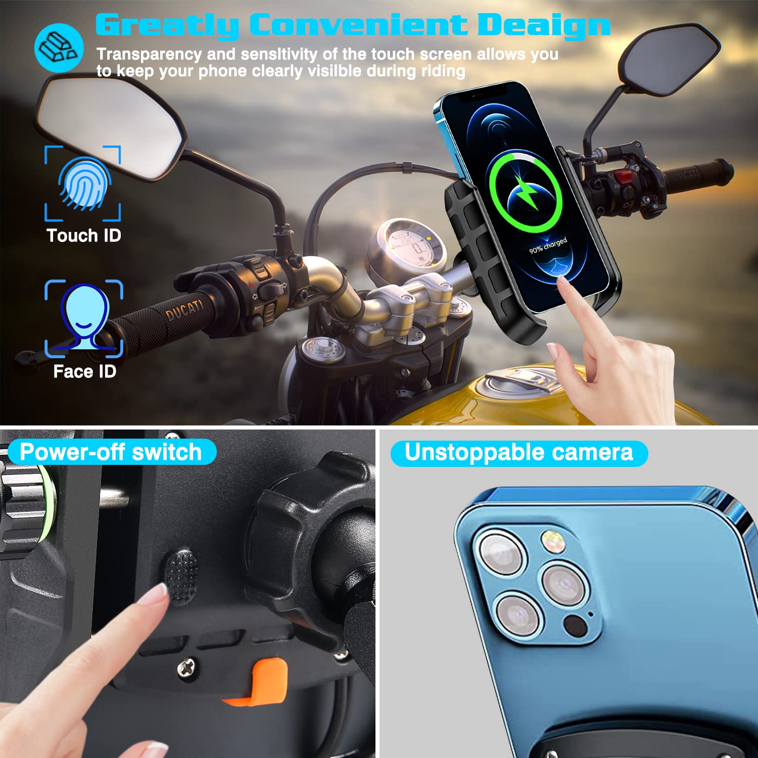 iMESTOU Motocyklowa bezprzewodowa ładowarka do telefonu QC3.0 USB C kierownica / lusterko wsteczne uchwyt na telefon działa z motocyklami 12 V/24 V lub podłączając do gniazda USB A, uniwersalna do