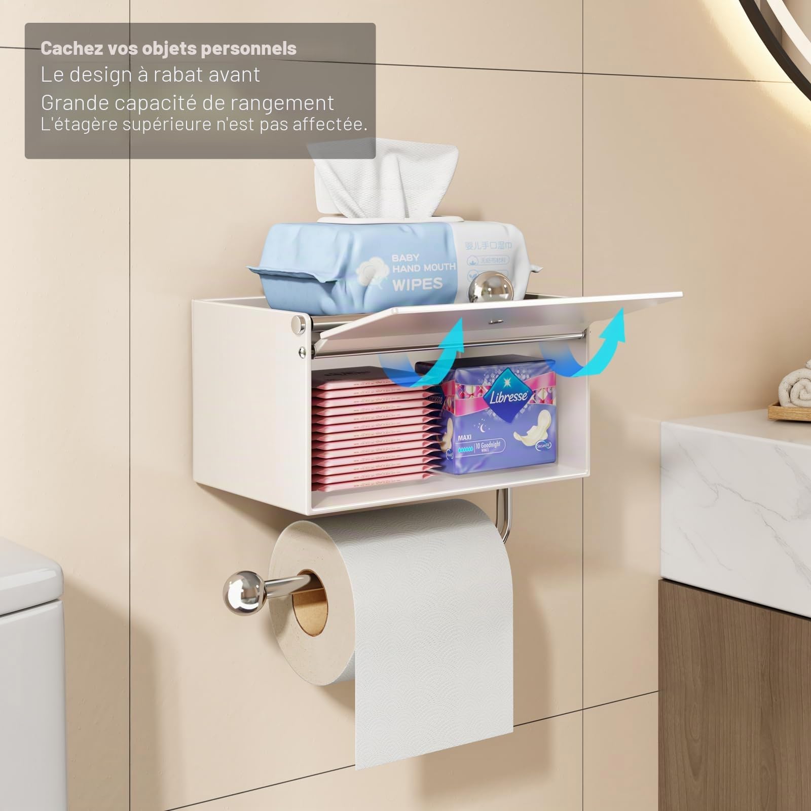 VOLDRA Porte Papier Toilette Mural, Support Papier Toilette sans Percage Papier Toilette Murale Porte Rouleau Papier Toilette Réserves à Rouleaux De Papier Toilette Conception à Rabat Avant(Blanc)