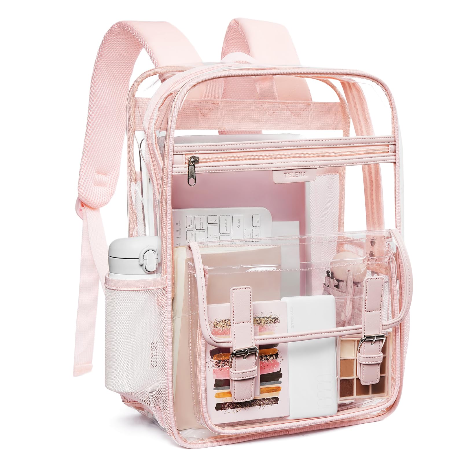 Telena Clear Backpack with Multi-pockets, Heavy Duty TPU Transparent Bag with Reinforced Straps, Large See Through Bookbag for College, Work - Pink