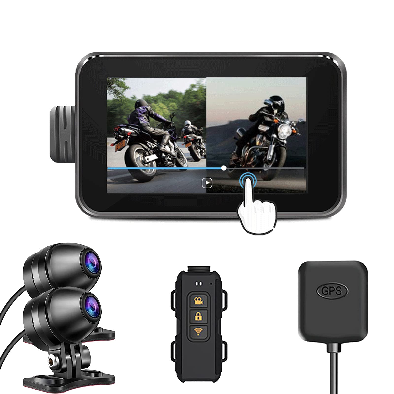 Motorcycle WiFi Dash Cam con pantalla táctil de 4 pulgadas, cámara de lente dual 1080P, grabadora de video de ciclo exterior con rastreador GPS, controlador de alambre, sensor G, grabación de bucle