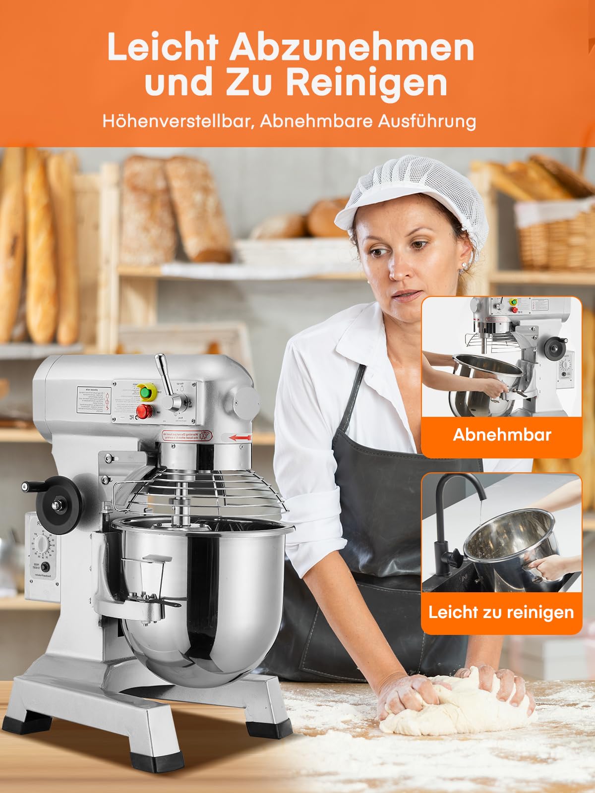 Profi Teigknetmaschine 15L mit Planetenrührwerk 600W Starkleistung (3 Stufen 135, 220, 409 U/min), inkl Edelstahl-Rührschüssel, Knethaken & Schneebesen für Bäckerei, Gastronomie & Haushalt