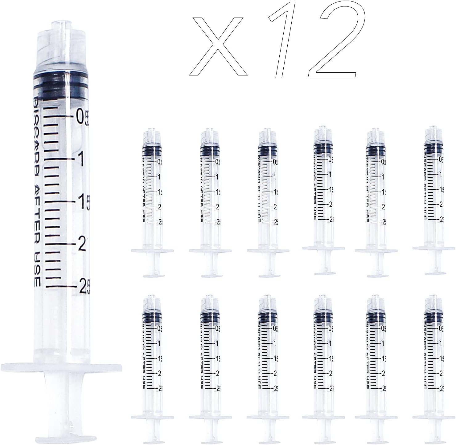 12 Pack 2ml Plastic Luer Lock Syringe, Measuring Syringe