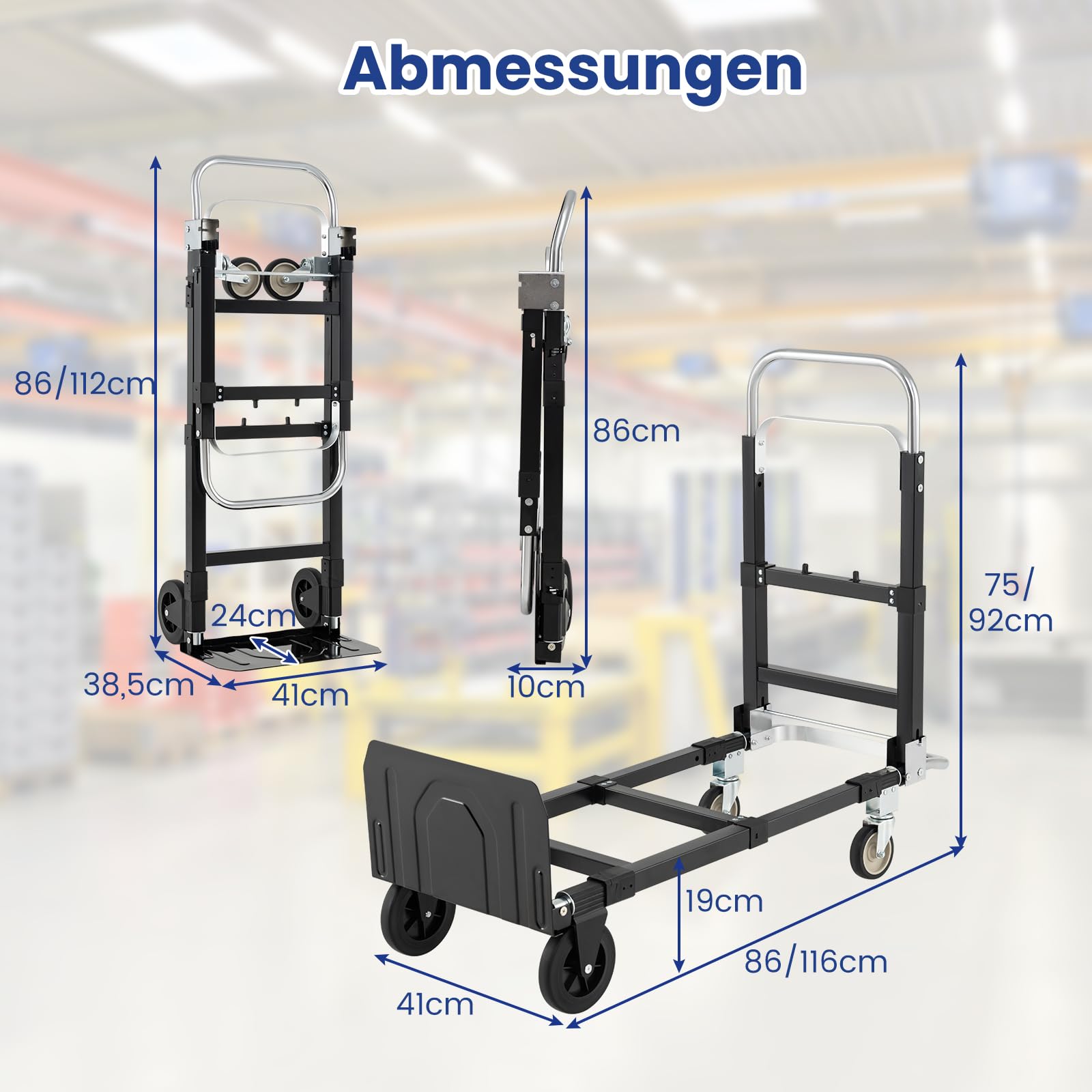 COSTWAY 2-in-1 Transportwagen Sackkarre klappbar, Handwagen mit Teleskopgriff & Verstellbarer Länge, Plattformwagen max. 272 kg, Transportkarre max. 135KG, Rollwagen Werkstatt mit 360° Lenkrollen