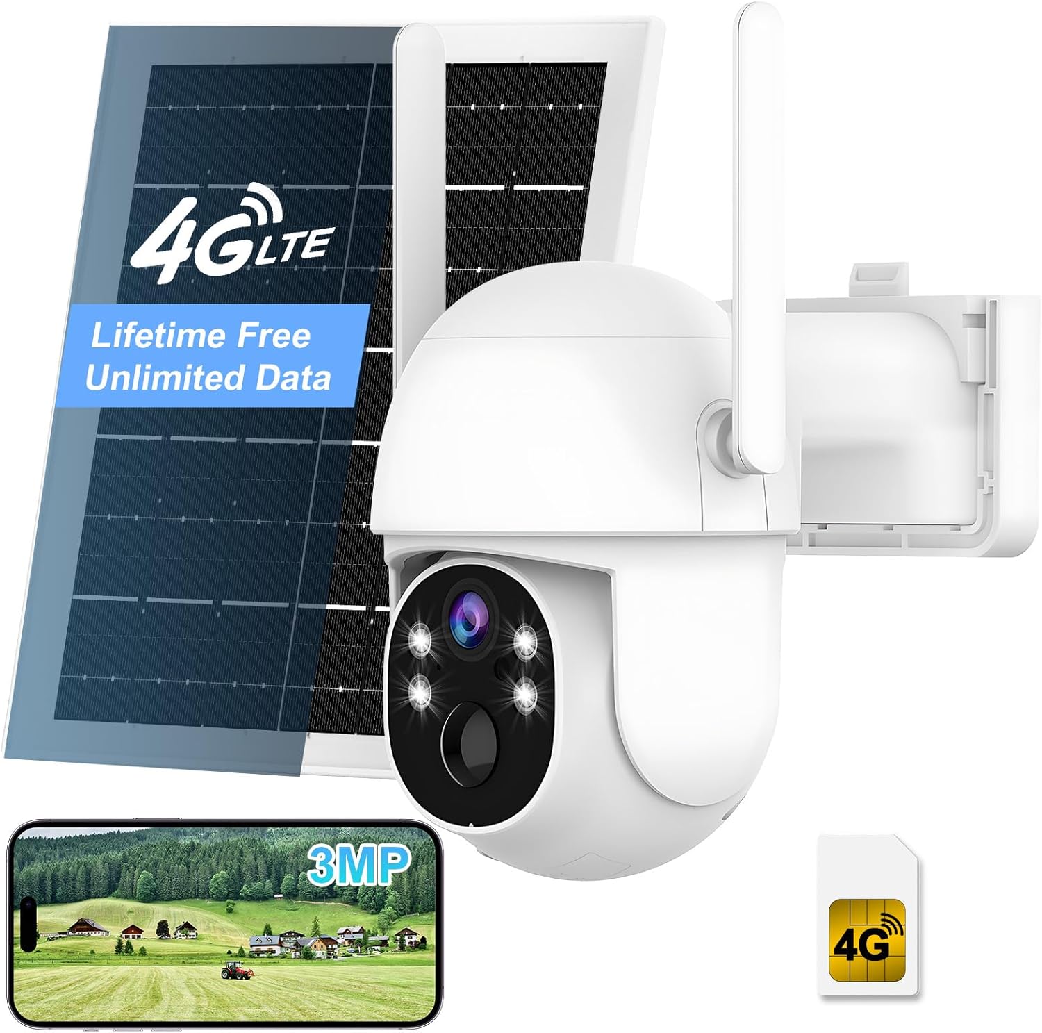 4G LTE Cellular Security Camera Outdoor System, Lifetime Free Unlimited Data,Wireless Solar Security Camera Built in SIM Card, 360° Live View, 2K Color Night Vision, PIR Motion Detection&Alert