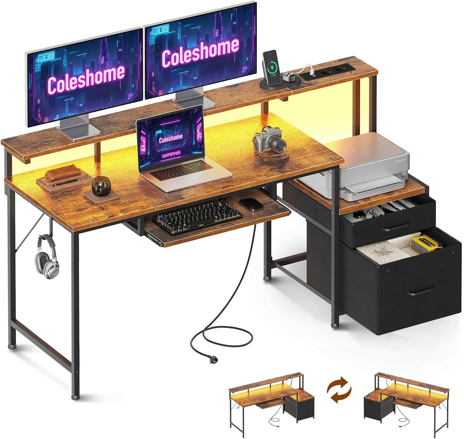 Coleshome Escritorio Gaming con LED, 140x48cm Escritorio Gamer Reversible con Tomas de Corriente y USB, Escritorio con Cajones de Tela y Archivador, Mesa con Bandeja para Dormitorio Hogar, Marrón