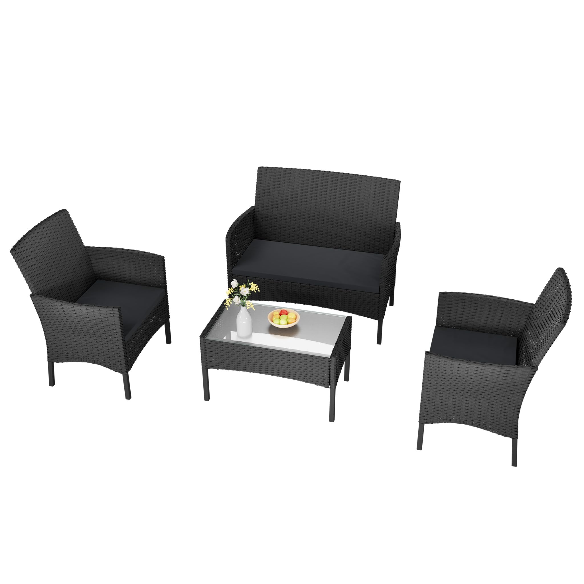 LZQ Salon de jardin en polyrotin, pour 4 personnes, avec canapé 2 places, chaises simples, table et coussin, anthracite