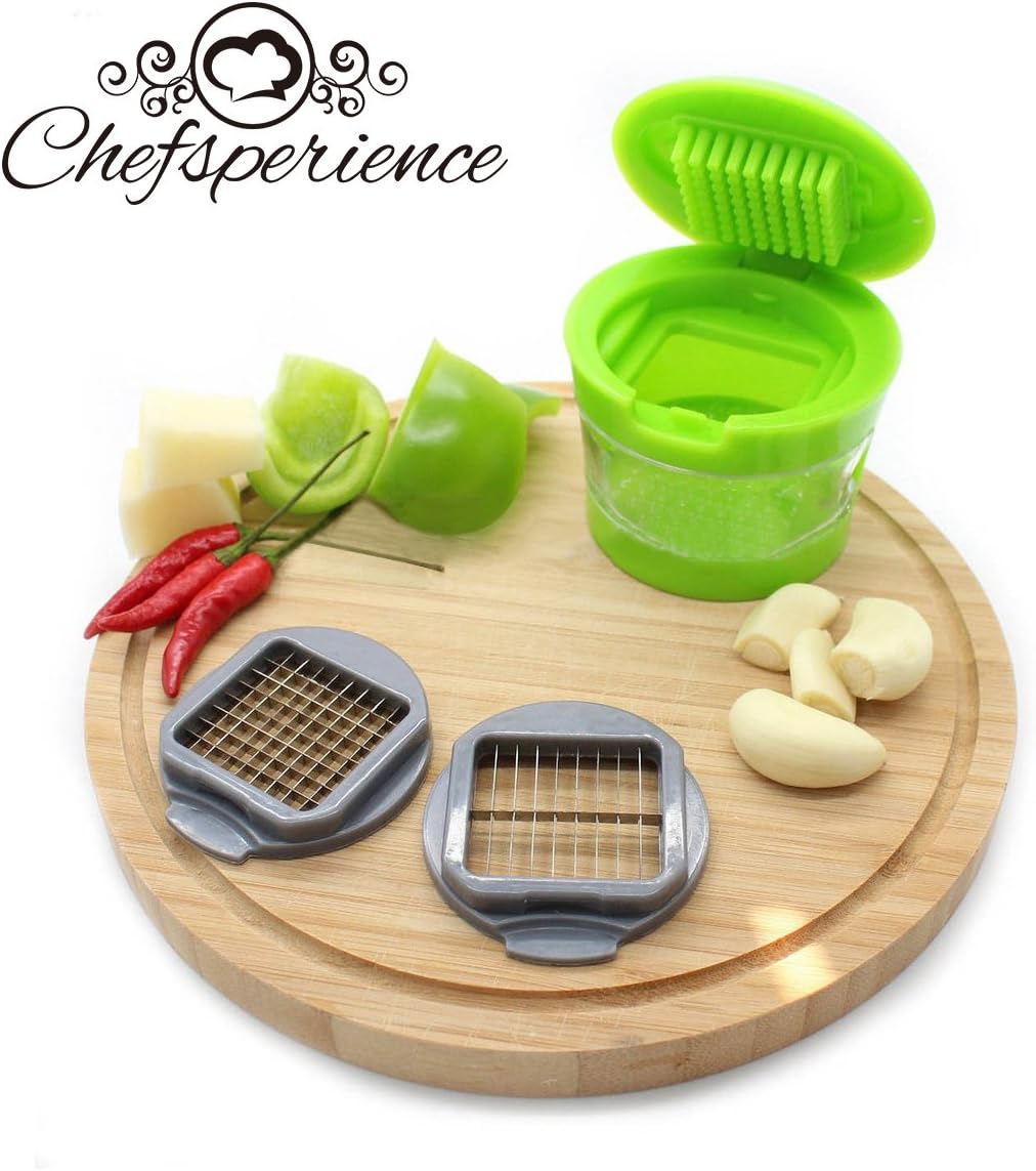 Chefsperience Mini Garlic Chopper Slicer Grater Dicer Mincer Press for Garlic with Two Switchable Blades