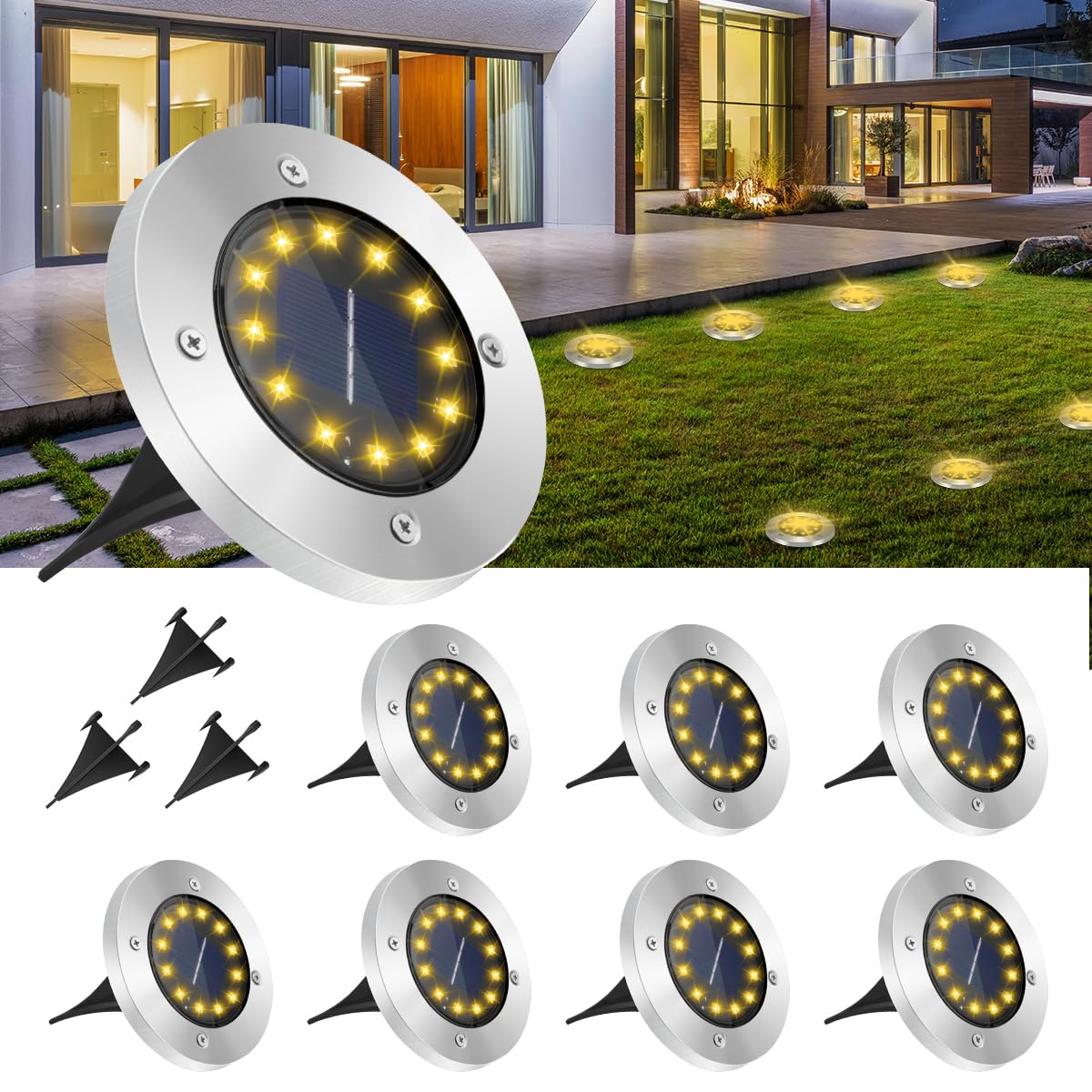 GREPRO Garten Solarleuchten für Außen 8 Stück, 12 LEDS Solar Bodenleuchten Aussen, IP65 Wasserdicht Solarleuchten für Außen für Rasen/Auffahrt/Gehweg/Patio/Garden Solarleuchte