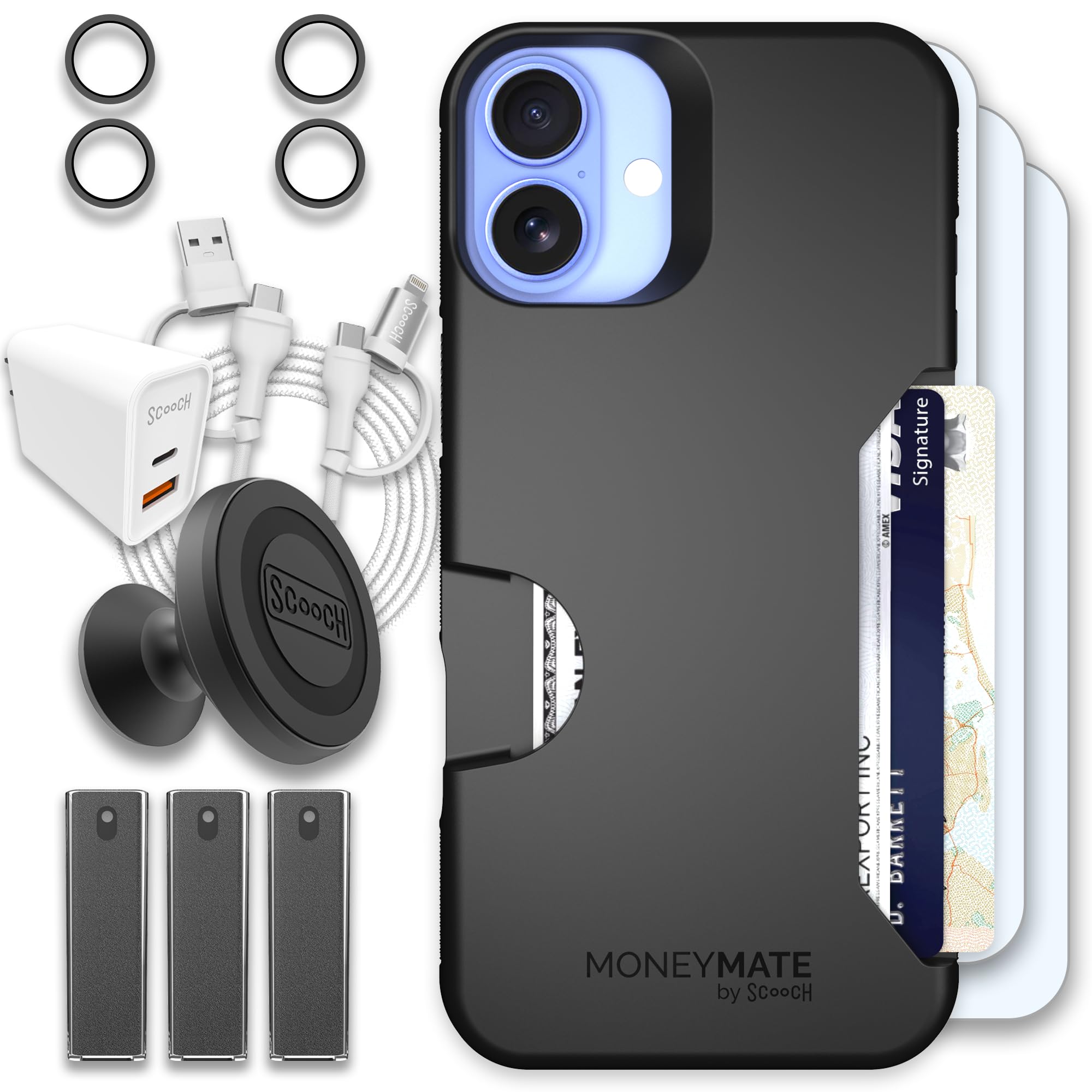 Scooch Moneymate for iPhone 16 Plus [Ultimate Bundle] with 3 Screen Protectors, 2 Camera Protectors, Wingmount, Mounting Card, 3 Tech Sprays,