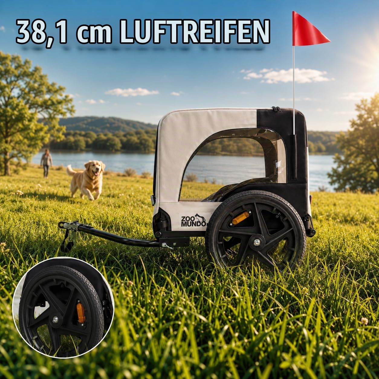 zoomundo Fahrradanhänger Hundeanhänger Transport - Jacky in Beige/Schwarz | Stabiler Hundeanhänger mit 15-Zoll-Luftreifen, 40 kg Zuladung, Regenschutz, Fliegengitter & klappbarem Rahmen.