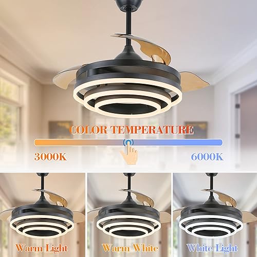 Miniatura 5 de Bella Depot Ventilador de techo retráctil con luces y control remoto, ventilador retráctil de 42 pulgadas, motor de CC de 6 velocidades, cuchillas