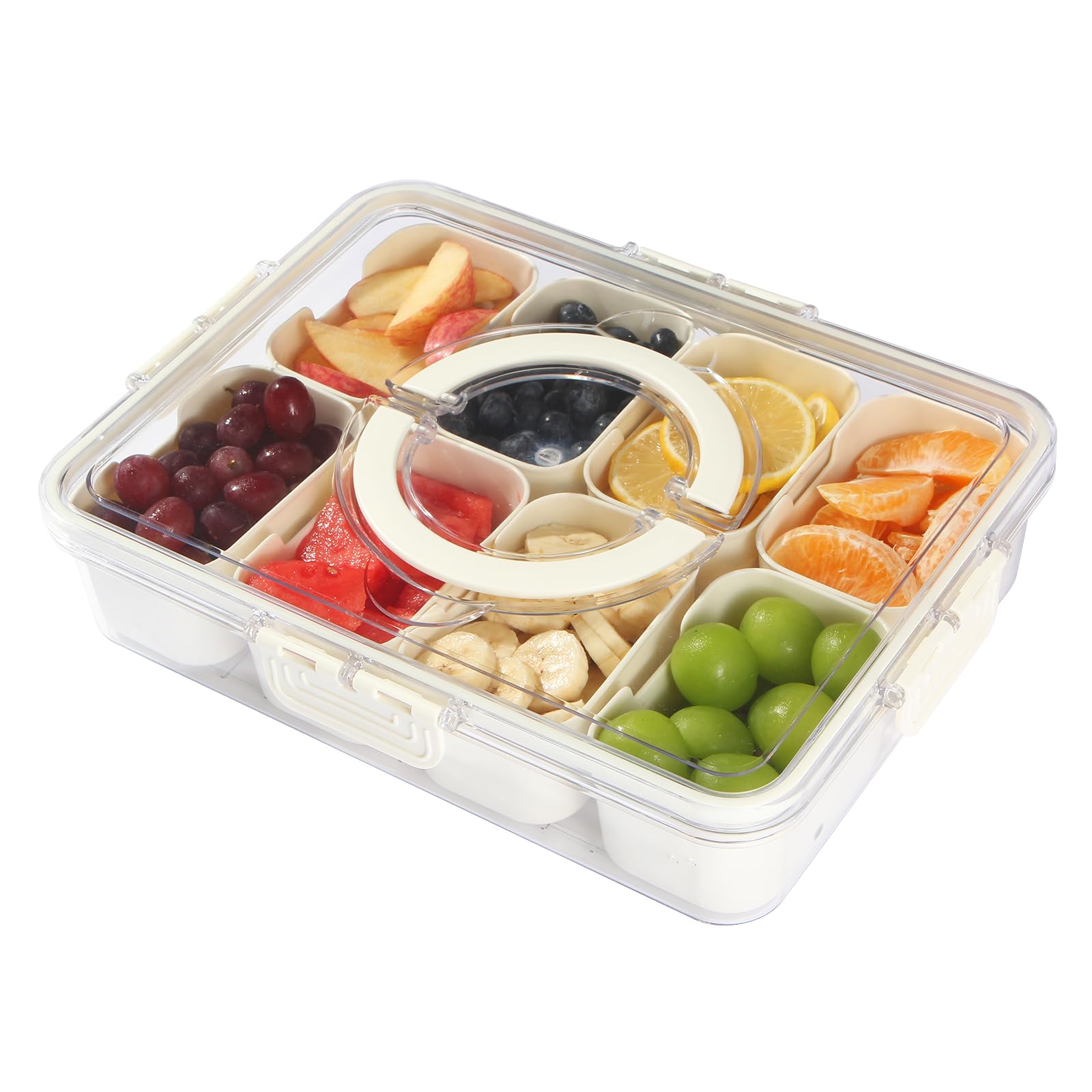 8 Compartments Portable Food Fresh，Snack Box Container，Divided Serving Tray with Lid and Handle， Veggies, Snack, Fruit, Nuts, Candy, Cracker, Chip, Entertaining, Picnic.