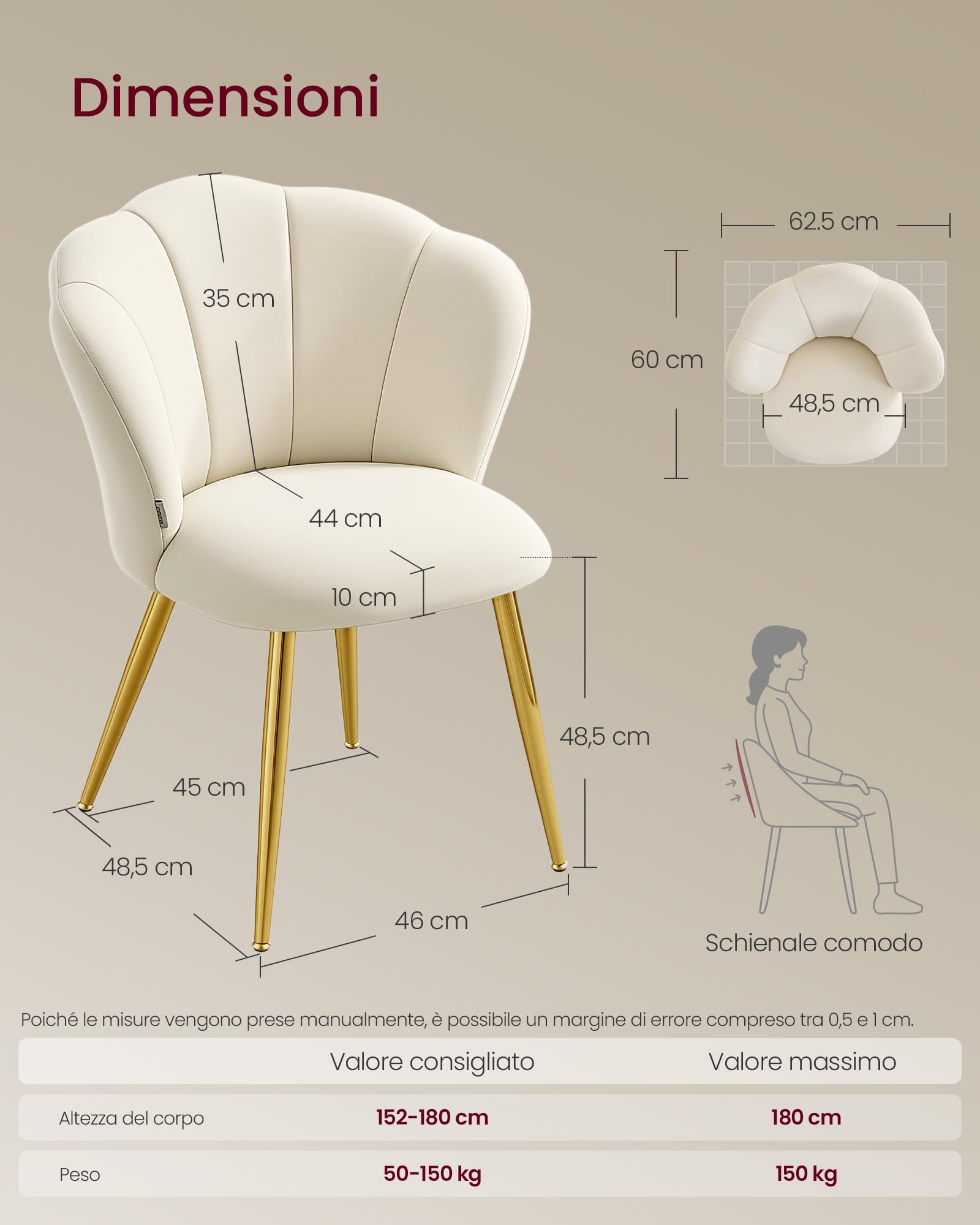 VASAGLE Sedia da Pranzo Cucina, Schienale a Forma di Petali, Sedia Trucco Imbottita, Velluto, Portata 150 kg, Gambe in Acciaio, per Soggiorno Camera da Letto, Bianco Crema KDC099W101