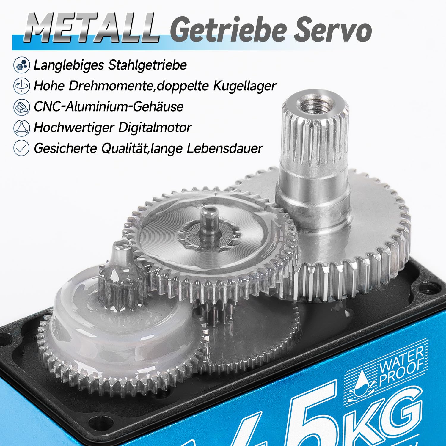 Miuzei 45kg Digital RC Servo 270° Servomotor Metall Getriebe für Auto Modellbau Car 1/10 1/8 Robot Arm Flugzeug 8,4V High Speed Torque Wasserdicht Servo+Motor Lenkservo mit 0.5M Kabel 25T Horn