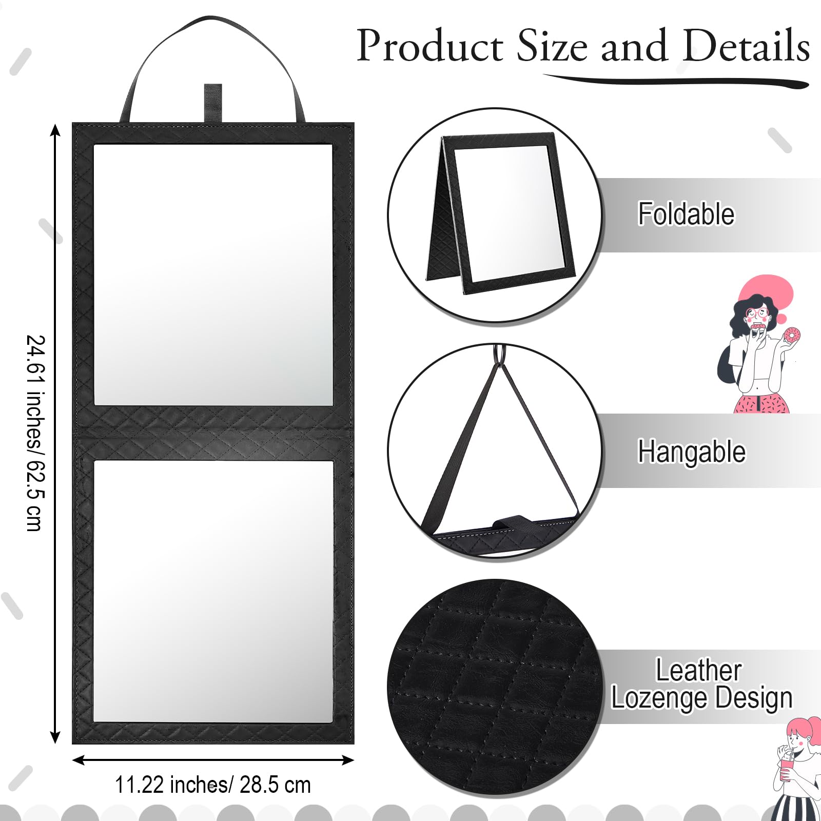 Colingmill Espejo plegable para detrás del escenario con asa, 24.61 x 11.22 pulgadas, espejo plegable de cuero, espejo rectangular para colgar para viajes, bolsa de baile, hogar, fitness, spa, regalo