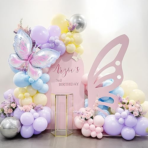 Kit de arco de globos de mariposa, 148 unidades, guirnalda de globos rosa pastel y morado, amarillo, azul, con globo de aluminio de mariposa grande